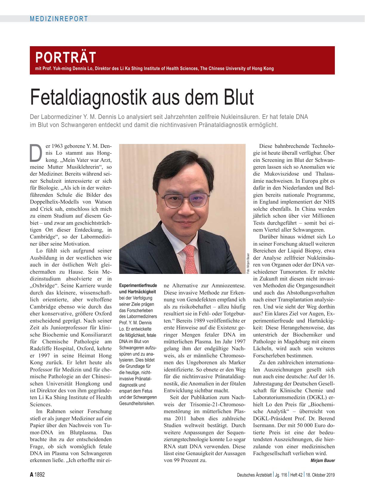 Vorschauseite 1: Porträt mit Prof. Yuk-ming Dennis Lo, Direktor des Li Ka Shing Institute of Health Sciences, The Chinese University of Hong Kong: Fetaldiagnostik aus dem Blut