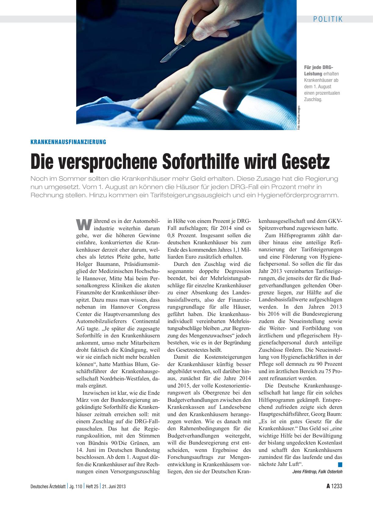 Vorschauseite 1: Krankenhausfinanzierung: Die versprochene Soforthilfe wird Gesetz