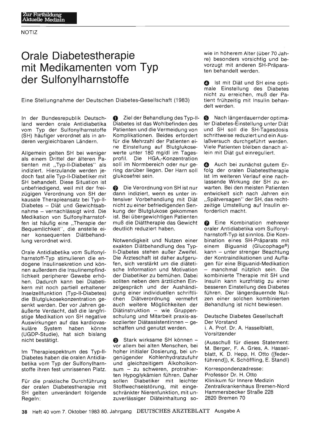 Vorschauseite 1: Orale Diabetestherapie mit Medikamenten vom Typ der Sulfonylharnstoffe: Eine Stellungnahme der Deutschen Diabetes-Gesellschaft (1983)