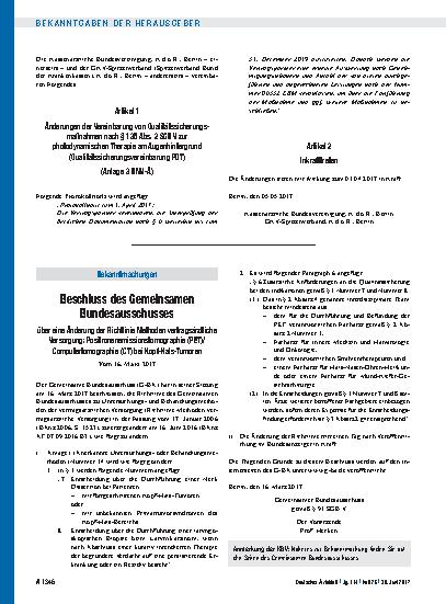 Vorschauseite 1: Beschluss des Gemeinsamen Bundesausschusses über eine Änderung der Richtlinie Methoden vertragsärztliche Versorgung: Positronenemissionstomographie (PET)/Computertomographie (CT)…