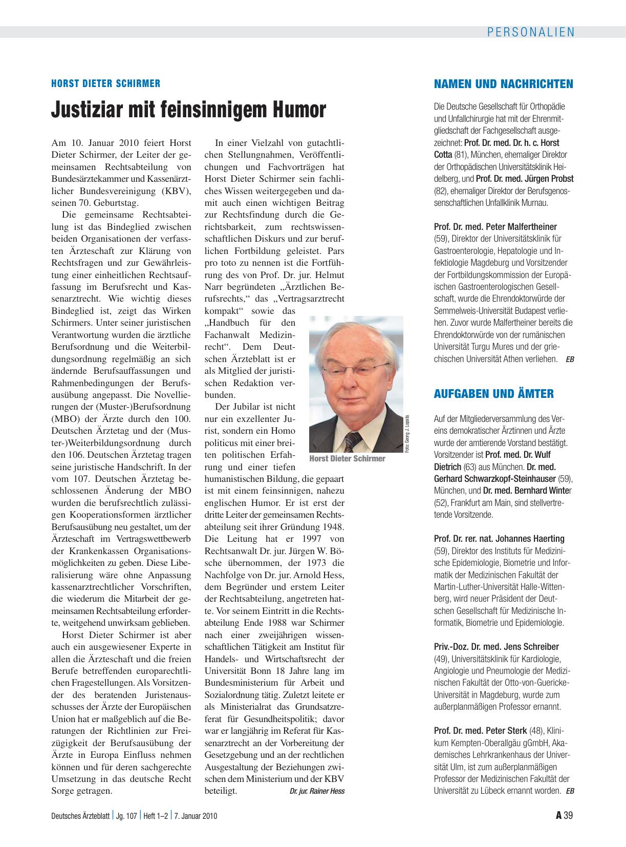 Vorschauseite 1: Horst Dieter Schirmer: Justiziar mit feinsinnigem Humor