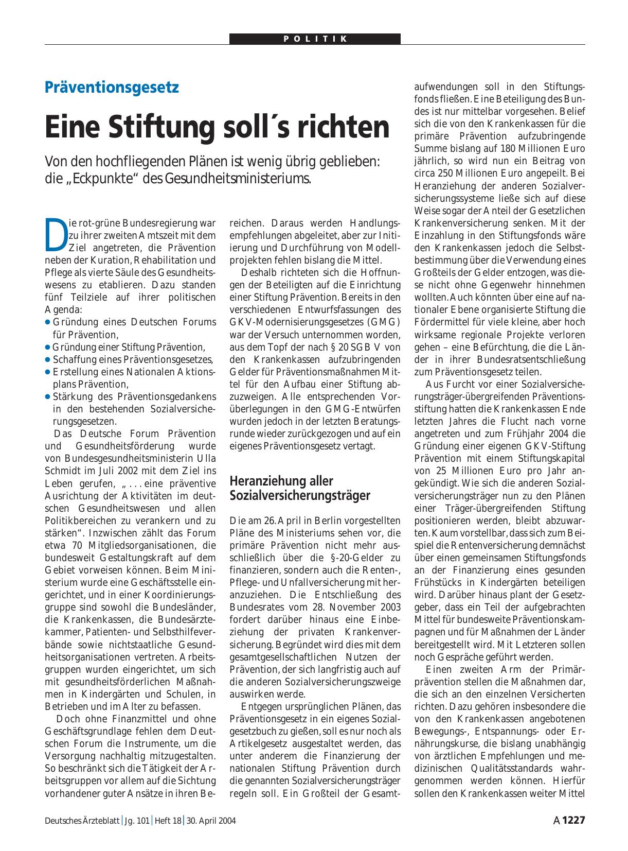 Vorschauseite 1: Präventionsgesetz: Eine Stiftung soll´s richten