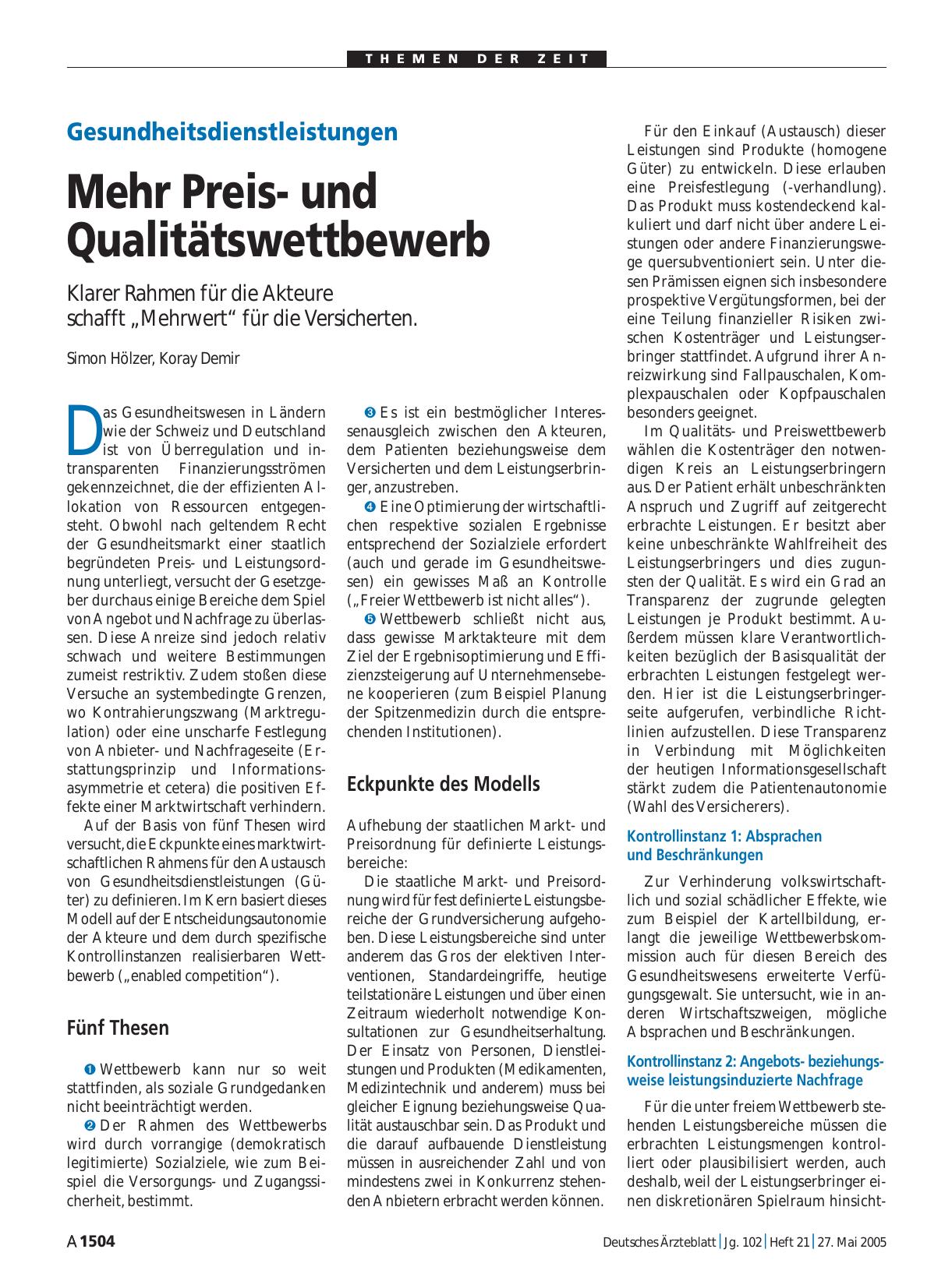 Vorschauseite 1: Gesundheitsdienstleistungen: Mehr Preisund Qualitätswettbewerb