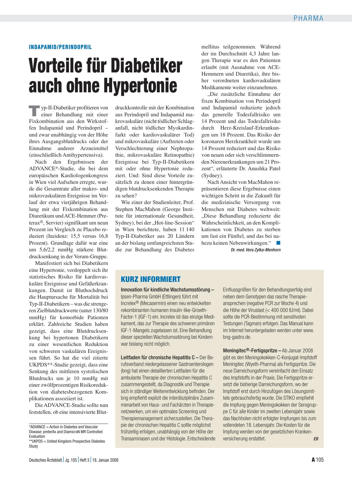 Vorschauseite 1: Indapamid/Perindopril: Vorteile für Diabetiker auch ohne Hypertonie