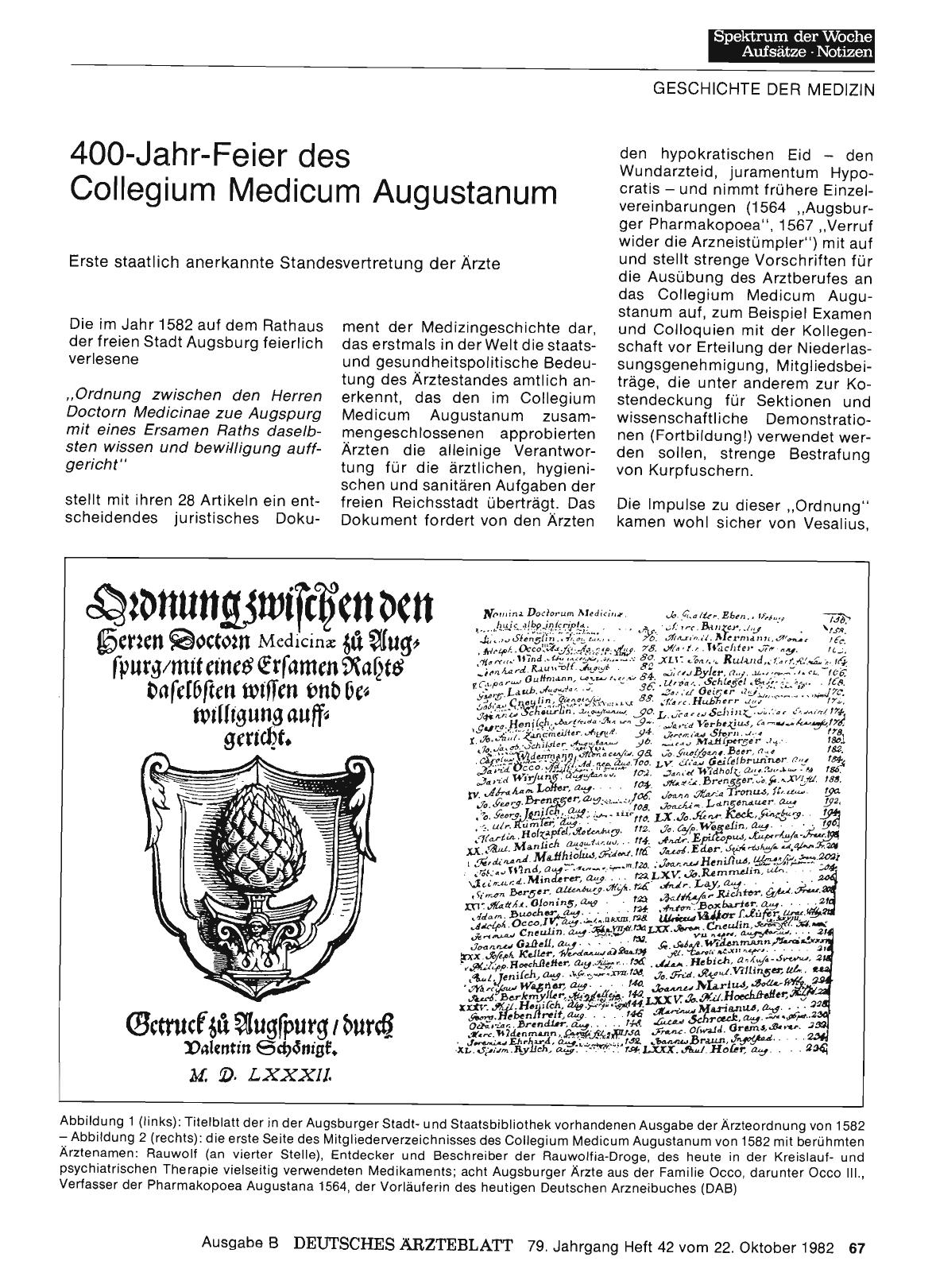 Vorschauseite 1: 400-Jahr-Feier des Collegium Medicum Augustanum: Erste staatlich anerkannte Standesvertretung der Ärzte