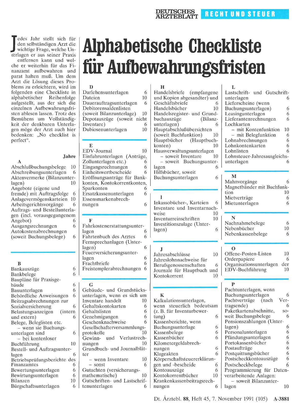 Vorschauseite 1: Alphabetische Checkliste für Aufbewahrungsfristen