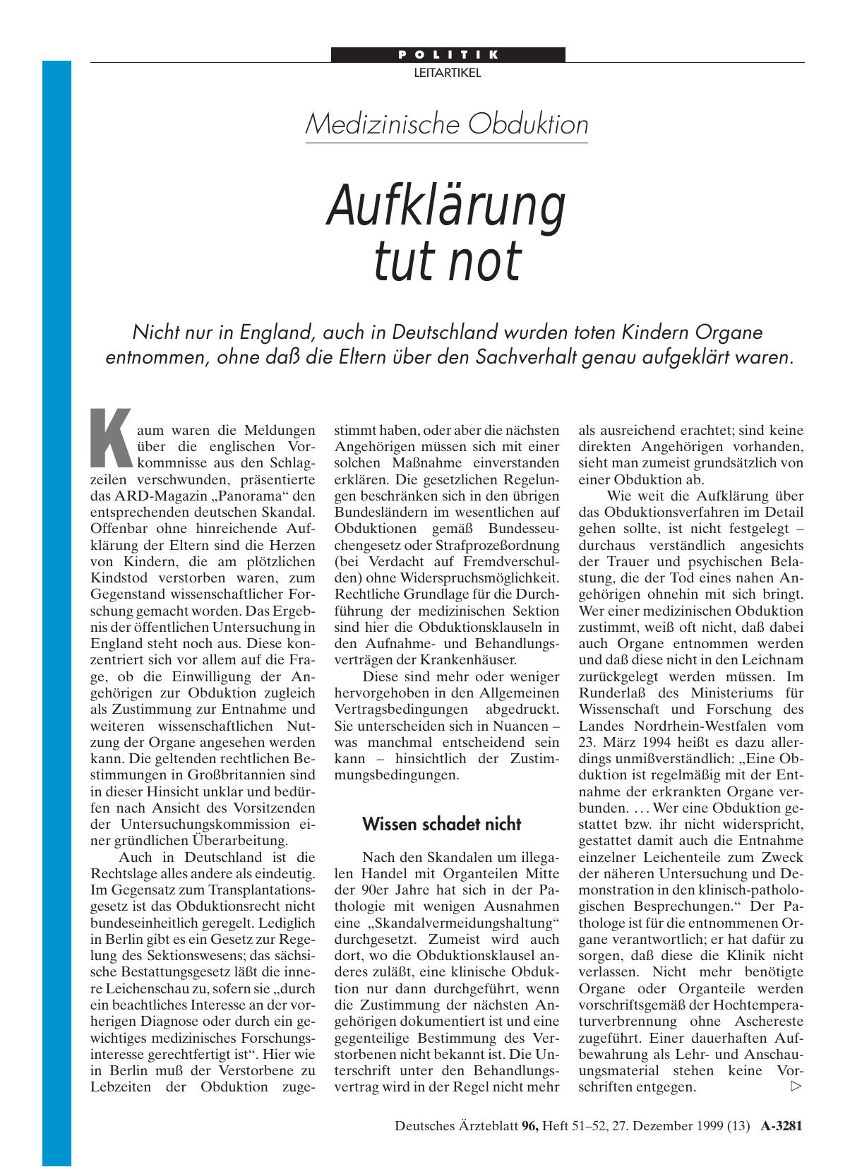 Vorschauseite 1: Medizinische Obduktion: Aufklärung tut not