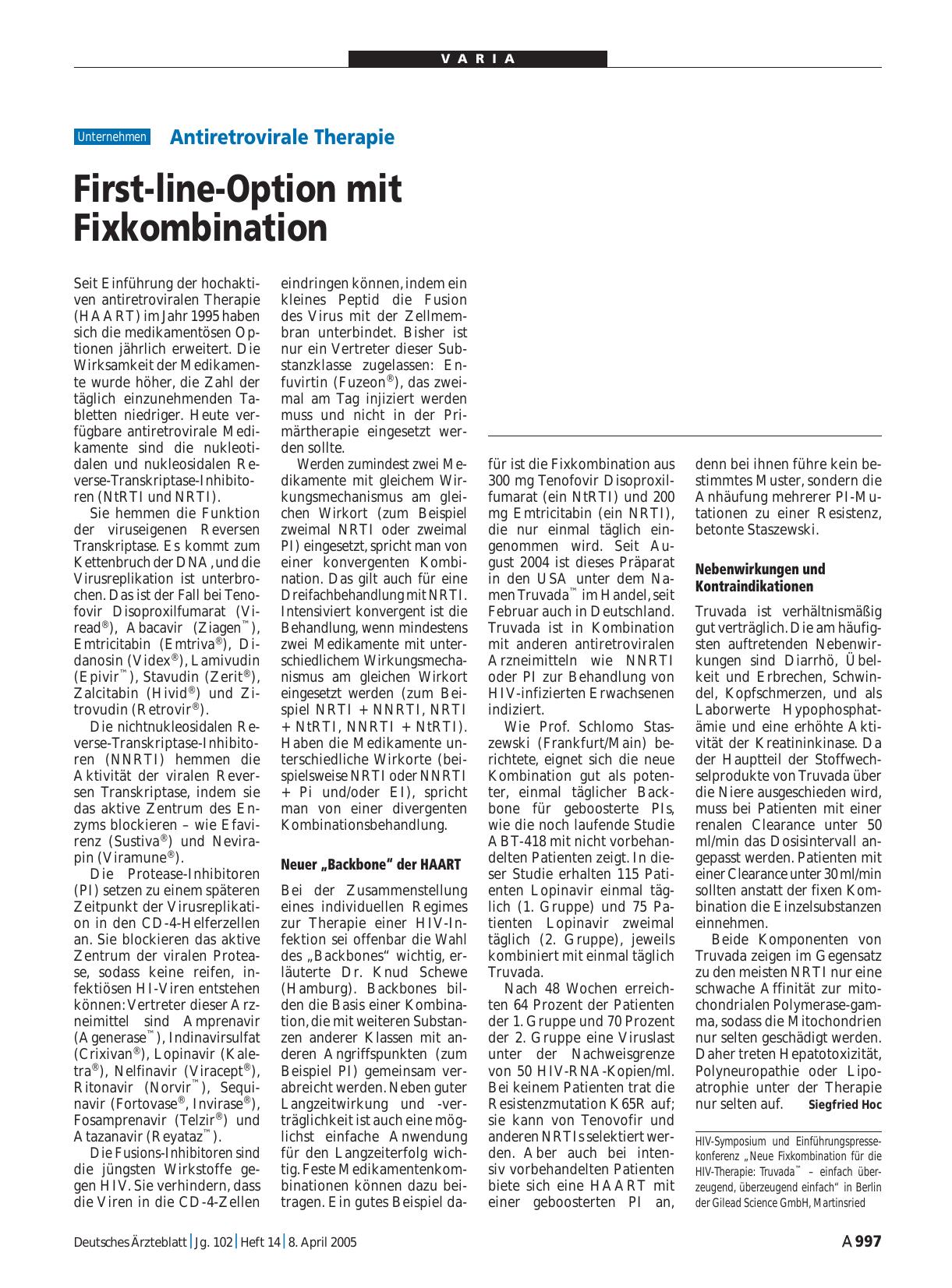 Vorschauseite 1: Antiretrovirale Therapie: First-line-Option mit Fixkombination