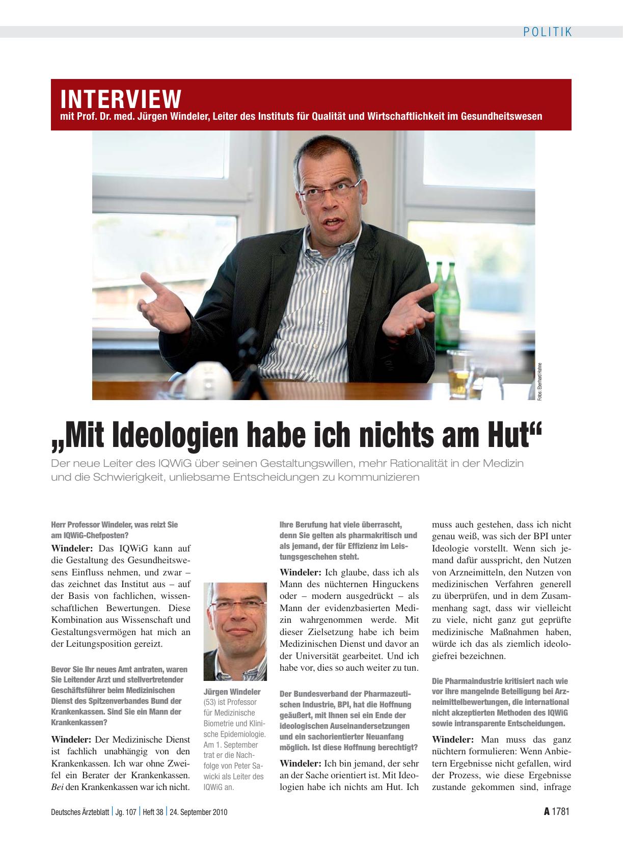 Vorschauseite 1: Interview mit Prof. Dr. med. Jürgen Windeler, Leiter des Instituts für Qualität und Wirtschaftlichkeit im Gesundheitswesen „Mit Ideologien habe ich nichts am Hut“