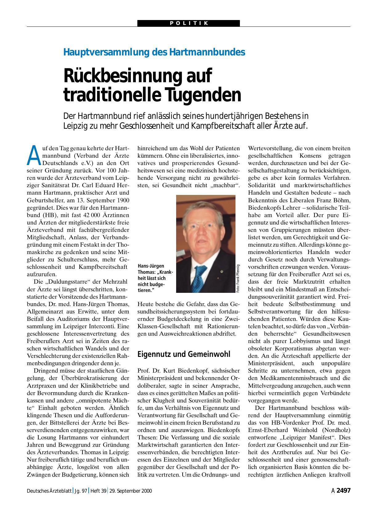 Vorschauseite 1: Hauptversammlung des Hartmannbundes: Rückbesinnung auf traditionelle Tugenden