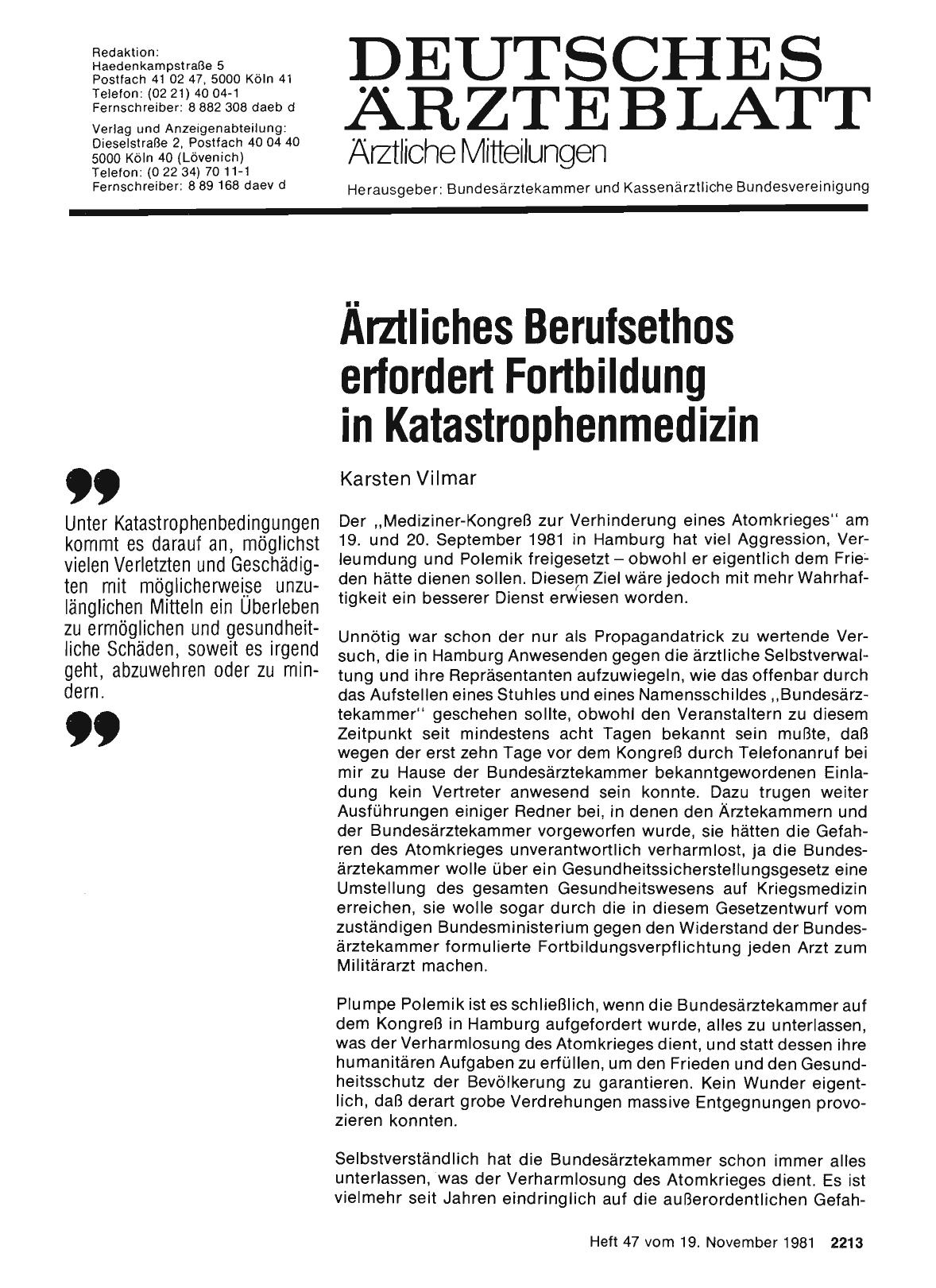 Vorschauseite 1: Ärztliches Berufsethos erfordert Fortbildung in Katastrophenmedizin
