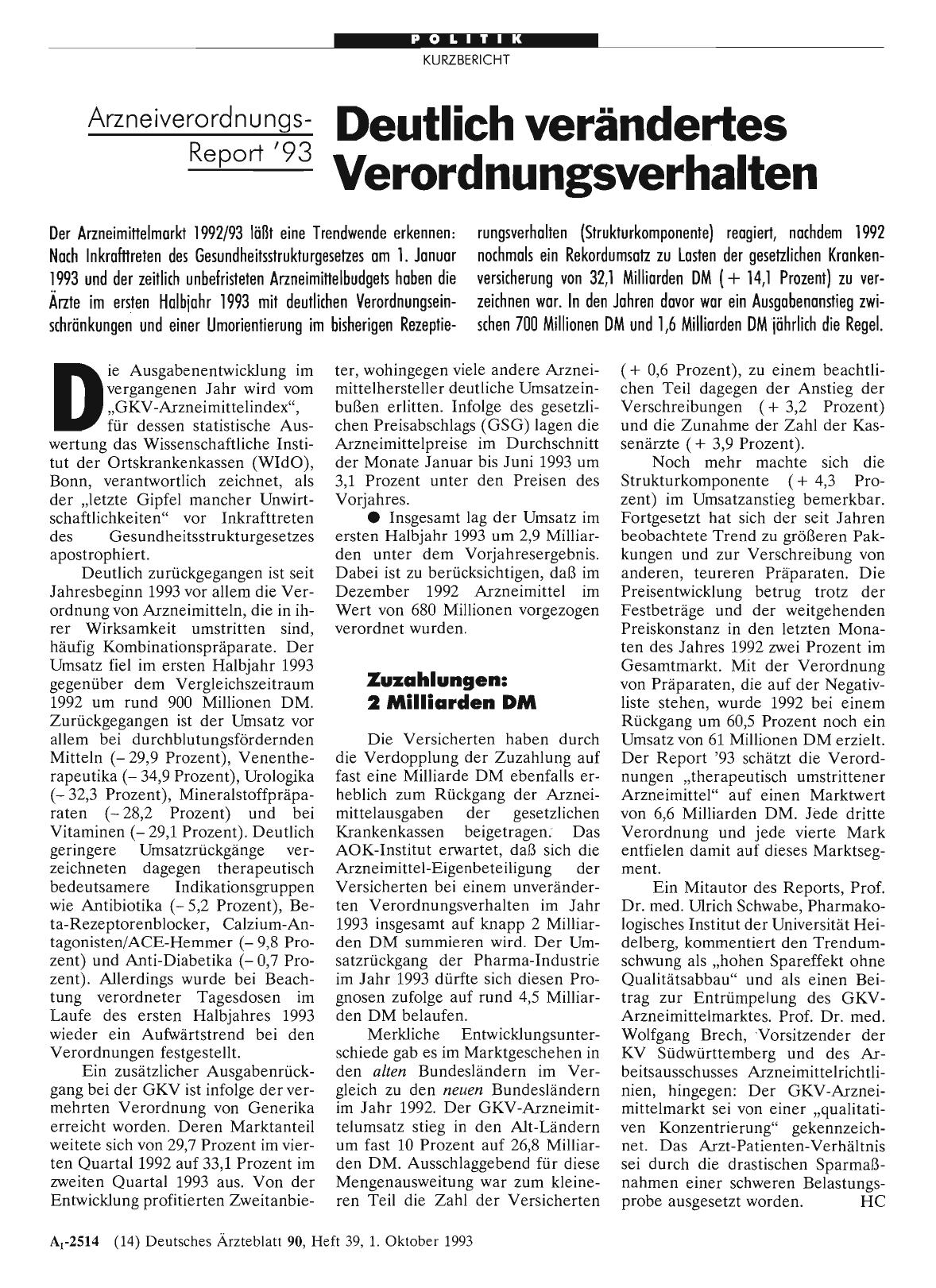 Vorschauseite 1: Arzneiverordnungs-Report '93: Deutlich verändertes Verordnungsverhalten