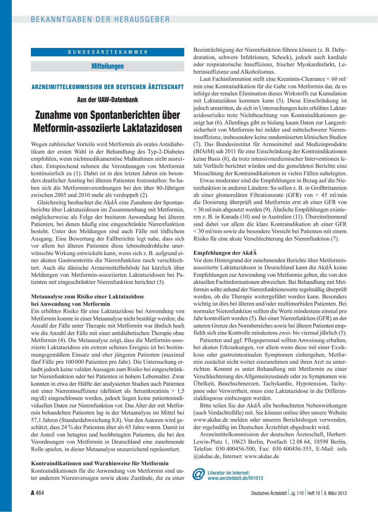 Vorschauseite 1: Arzneimittelkommission der deutschen Ärzteschaft – Aus der UAW-Datenbank: Zunahme von Spontanberichten über Metformin-assoziierte Laktatazidosen