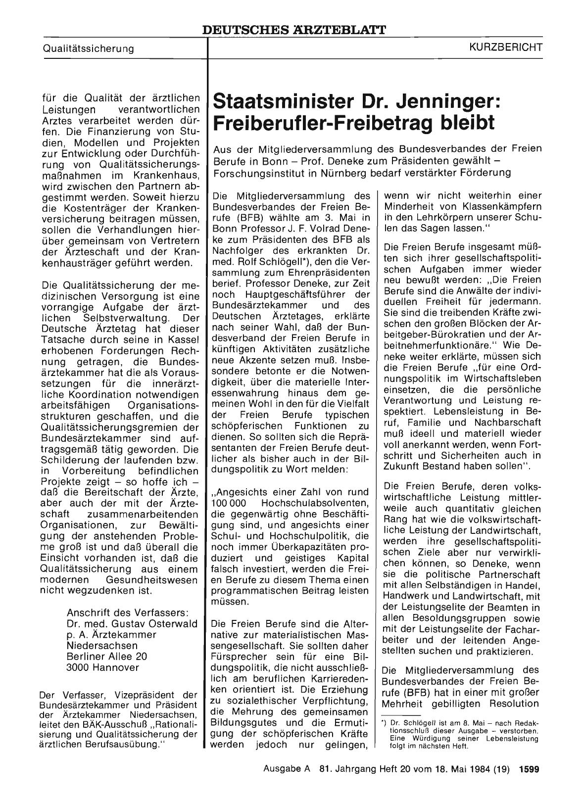 Vorschauseite 1: Staatsminister Dr. Jenninger: Freiberufler-Freibetrag bleibt