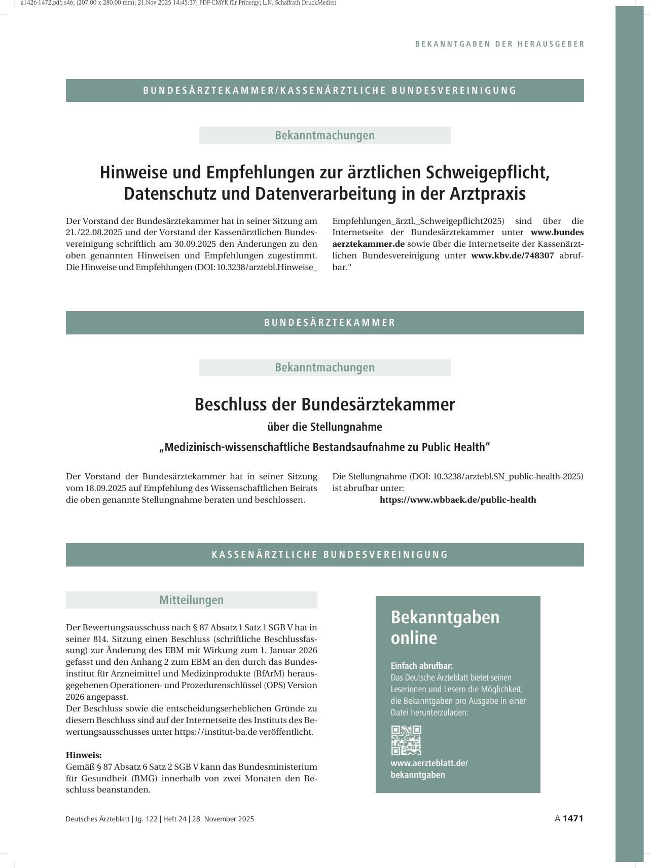 Vorschauseite 1: Beschluss der Bundesärztekammer über die Stellungnahme „Medizinisch-wissenschaftliche Bestandsaufnahme zu Public Health“