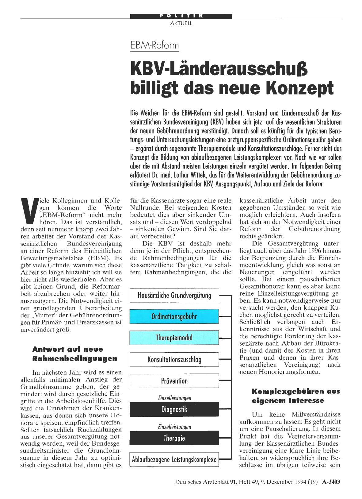 Vorschauseite 1: EBM-Reform: KBV-Länderausschuß billigt das neue Konzept