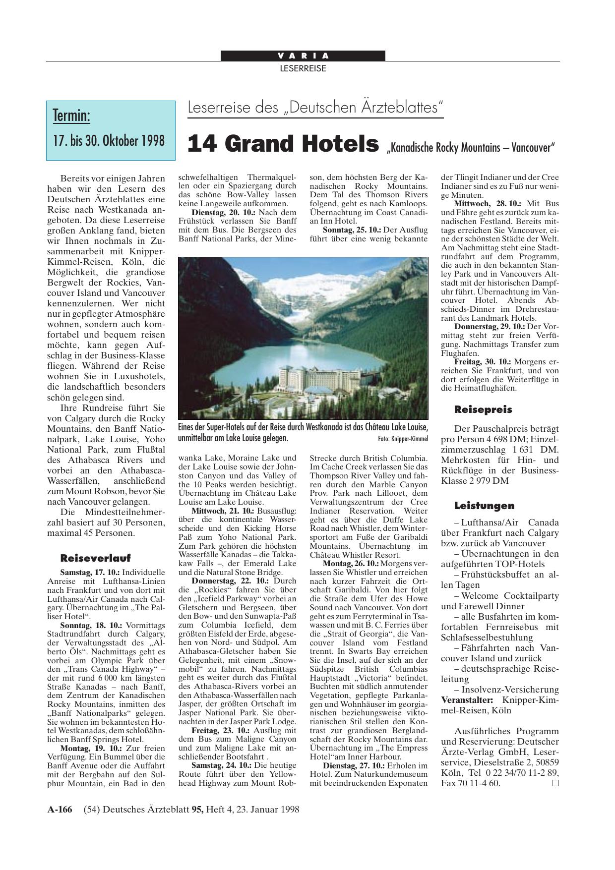 Vorschauseite 1: Leserreise des „Deutschen Ärzteblattes“: 14 Grand Hotels „Kanadische Rocky Mountains - Vancouver“