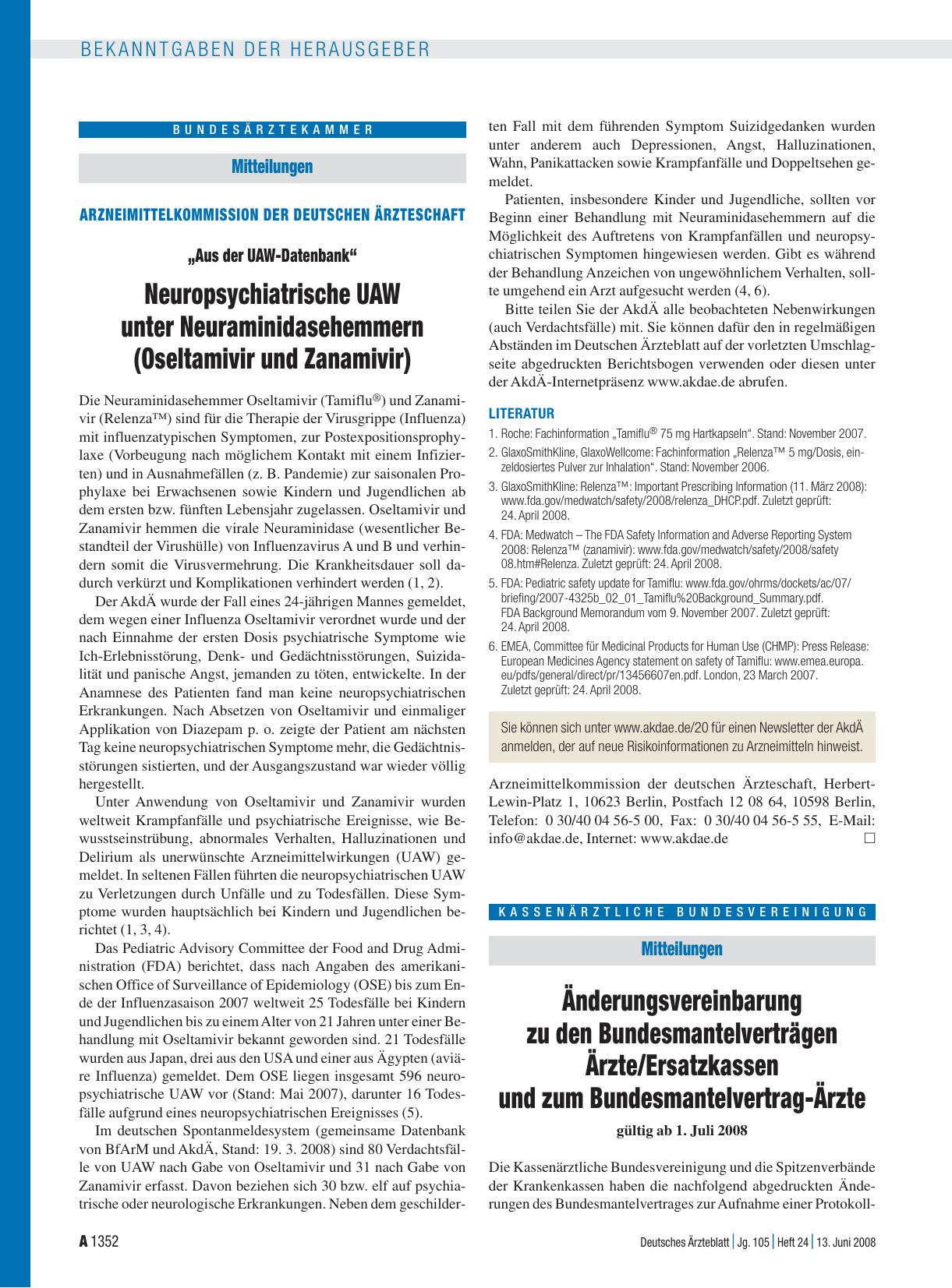 Vorschauseite 1: Mitteilungen - Arzneimittelkommission der deutschen Ärzteschaft: „Aus der UAW-Datenbank“ Neuropsychiatrische UAW unter Neuraminidasehemmern (Oseltamivir und Zanamivir)