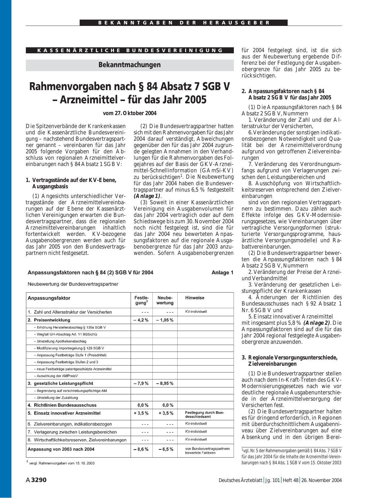 Vorschauseite 1: Bekanntmachungen: Rahmenvorgaben nach § 84 Absatz 7 SGB V – Arzneimittel – für das Jahr 2005 vom 27. Oktober 2004
