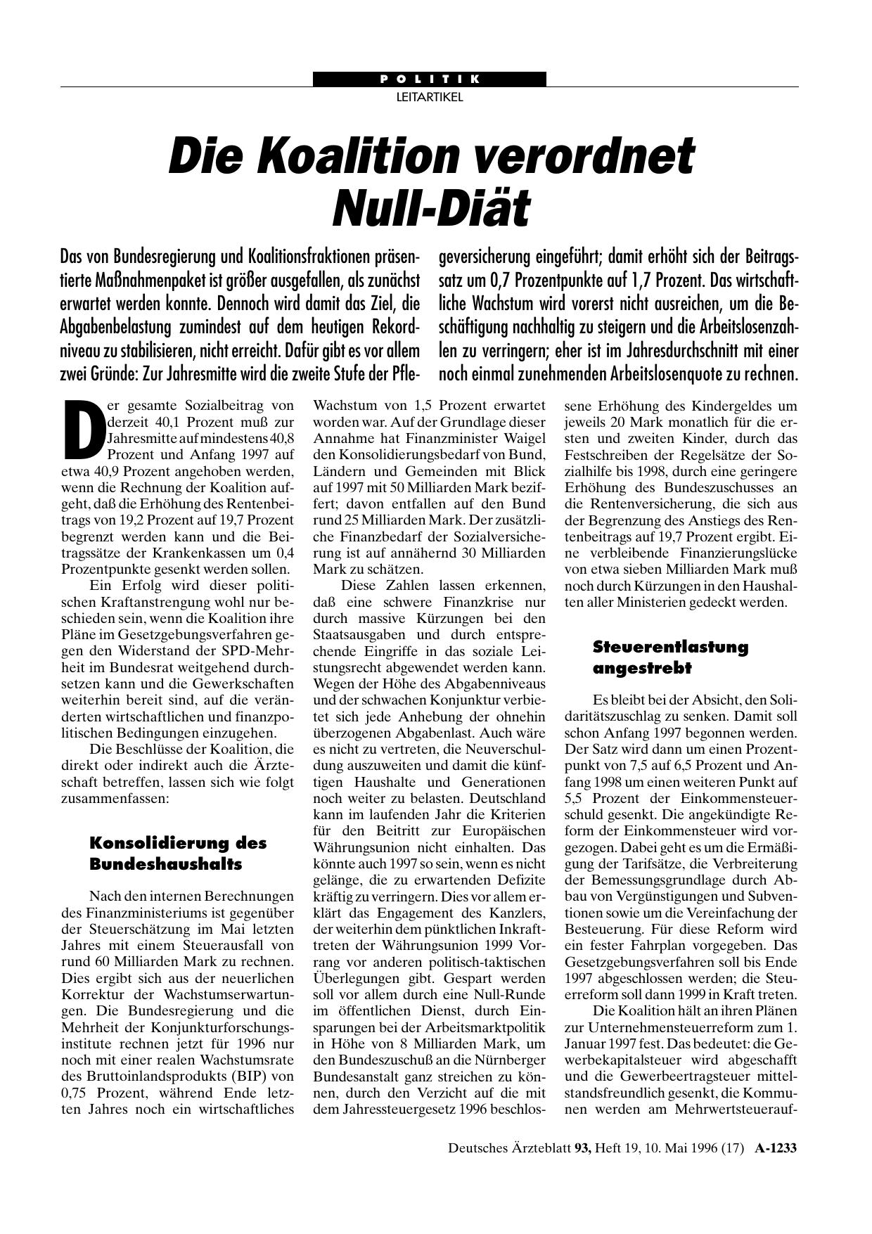 Vorschauseite 1: Die Koalition verordnet Null-Diät