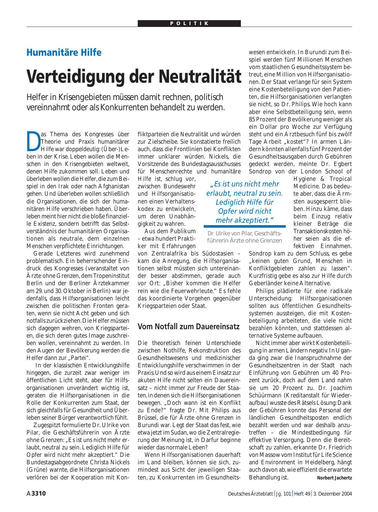 Vorschauseite 1: Humanitäre Hilfe: Verteidigung der Neutralität