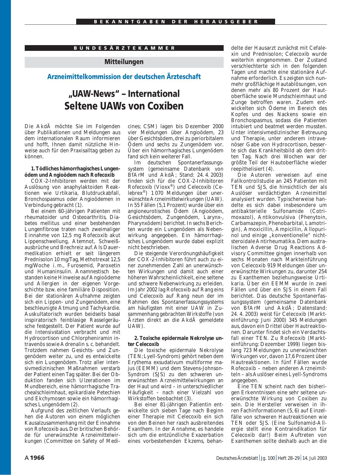 Vorschauseite 1: Mitteilungen: „UAW-News“ – International Seltene UAWs von Coxiben