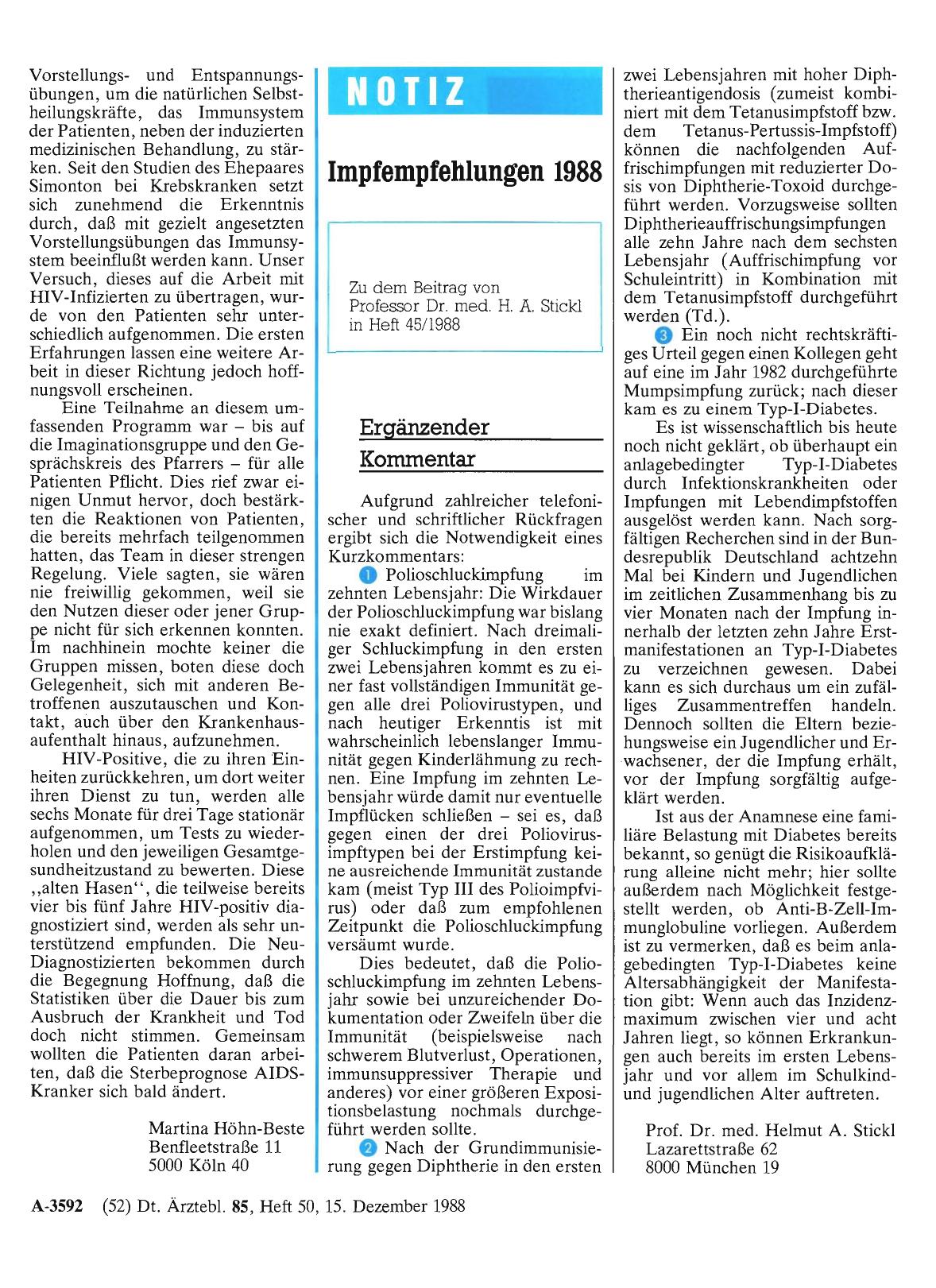 Vorschauseite 1: Impfempfehlungen 1988: Ergänzender Kommentar