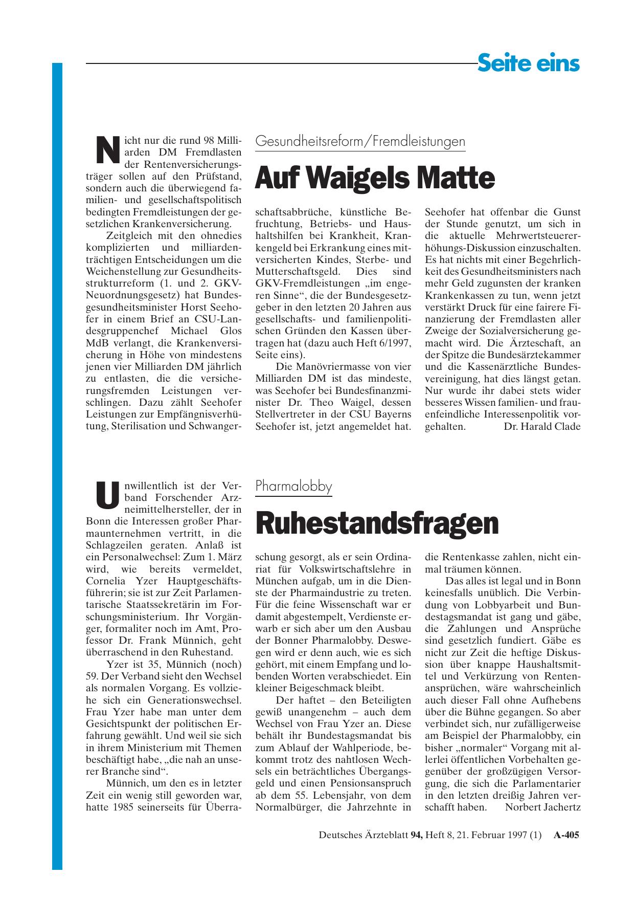 Vorschauseite 1: Gesundheitsreform/Fremdleistungen: Auf Waigels Matte