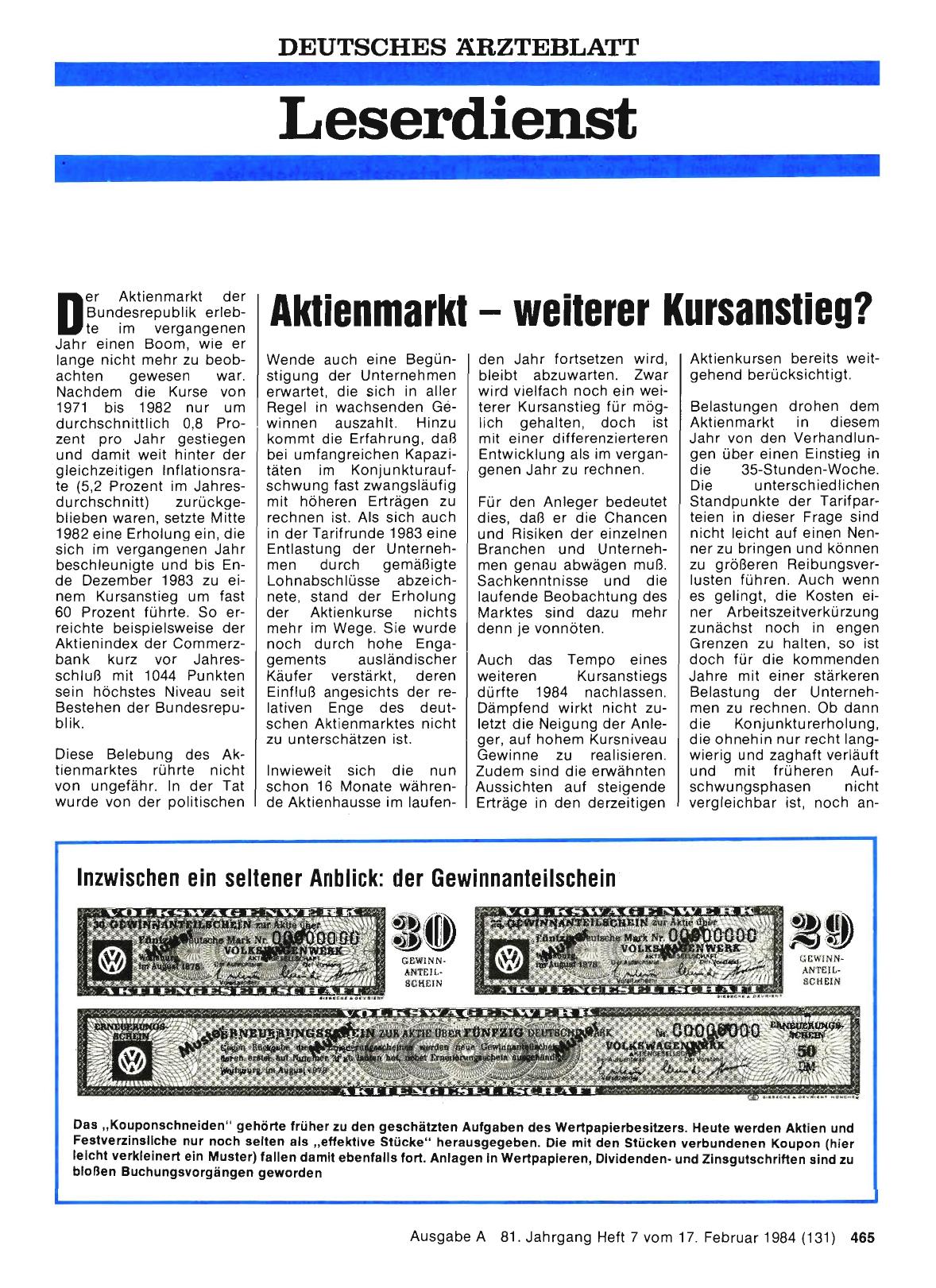Vorschauseite 1: Aktienmarkt — weiterer Kursanstieg?