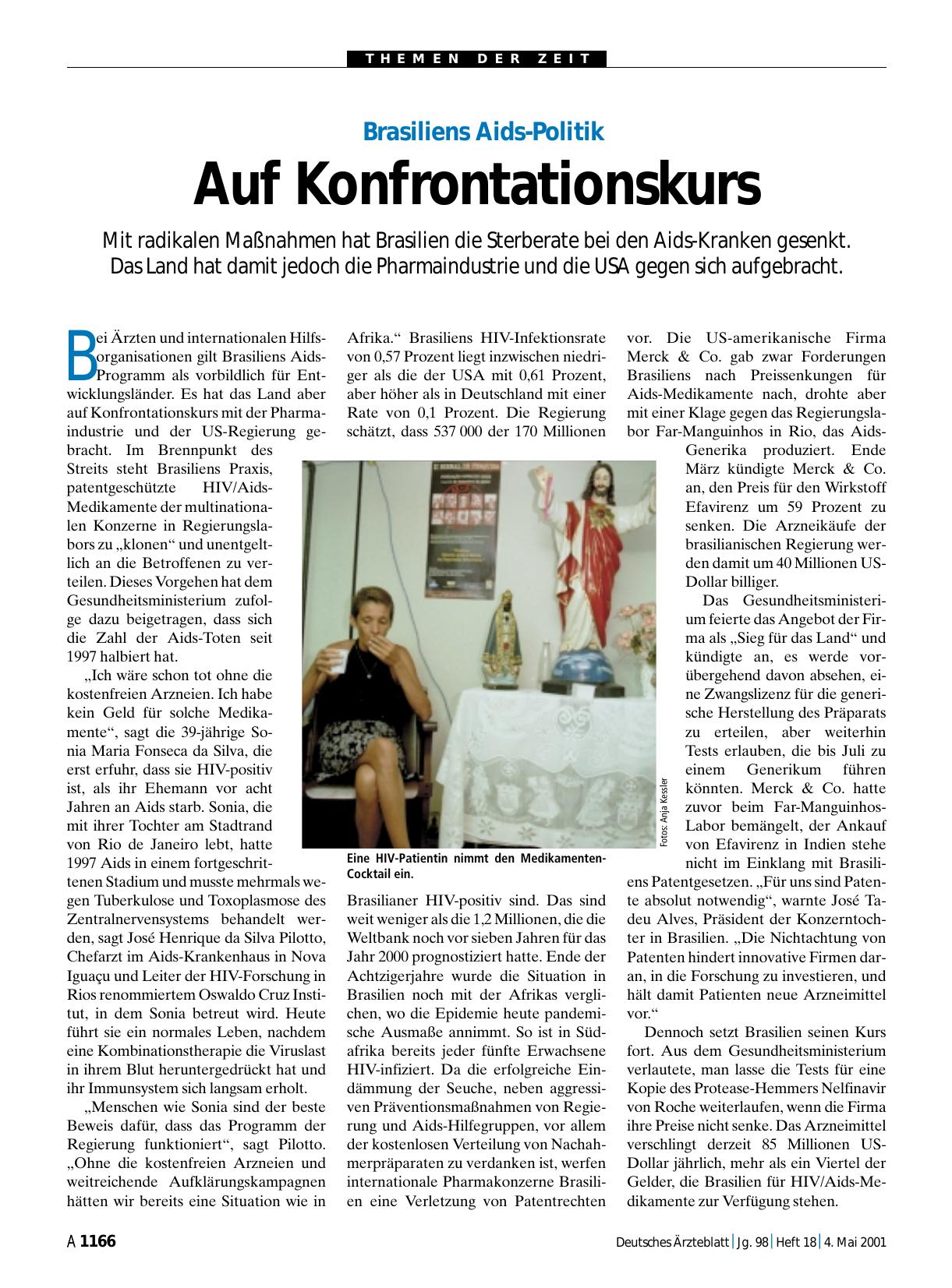 Vorschauseite 1: Brasiliens Aids-Politik: Auf Konfrontationskurs