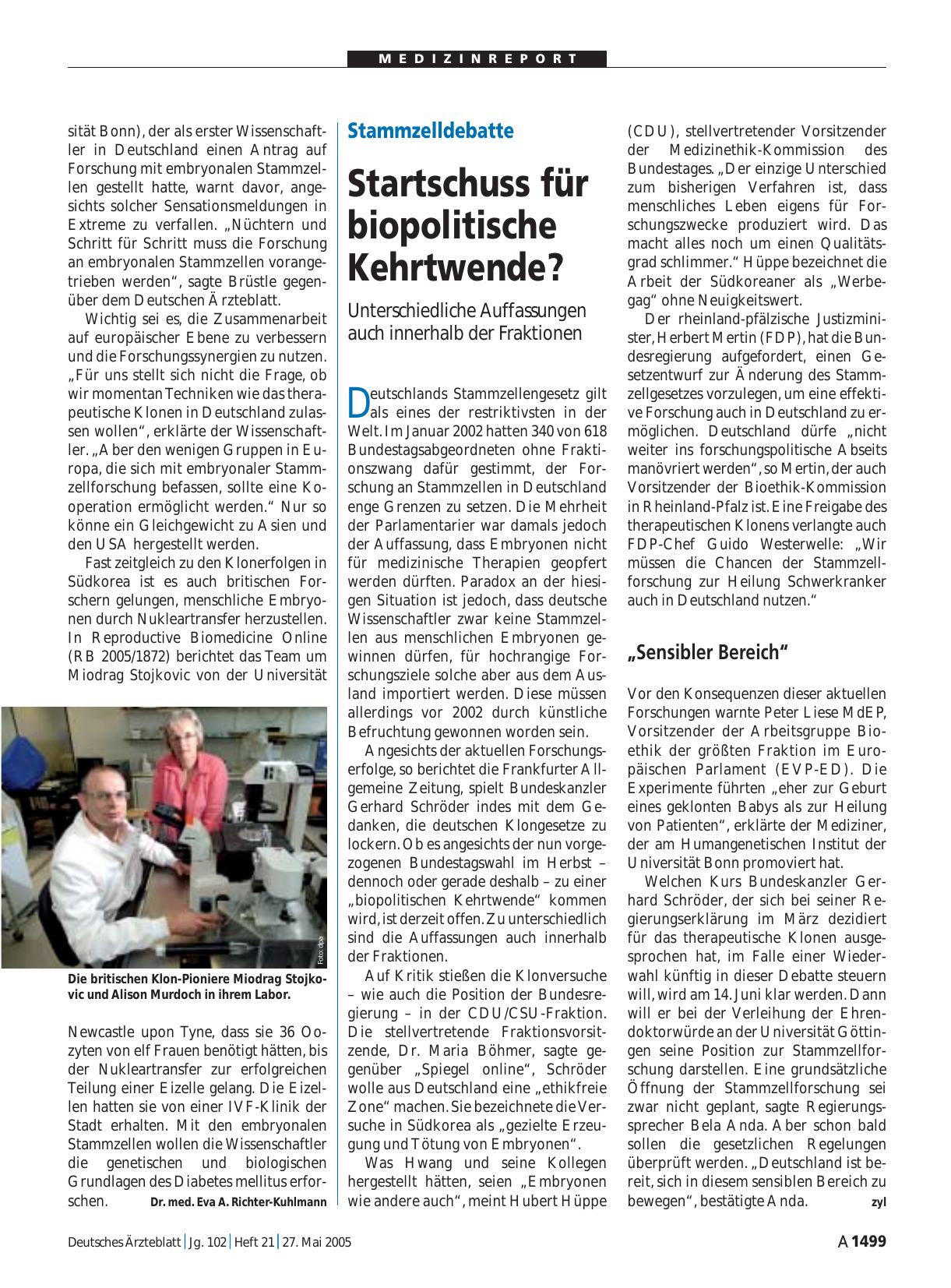 Vorschauseite 1: Stammzelldebatte: Startschuss für biopolitische Kehrtwende?