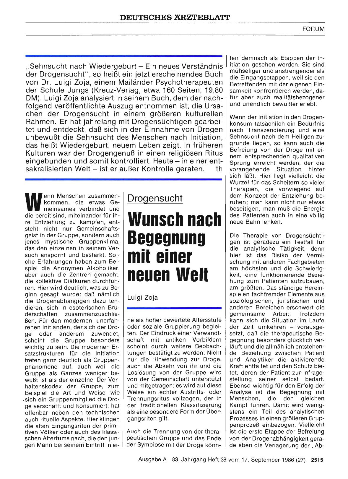 Vorschauseite 1: Drogensucht: Wunsch nach Begegnung mit einer neuen Welt