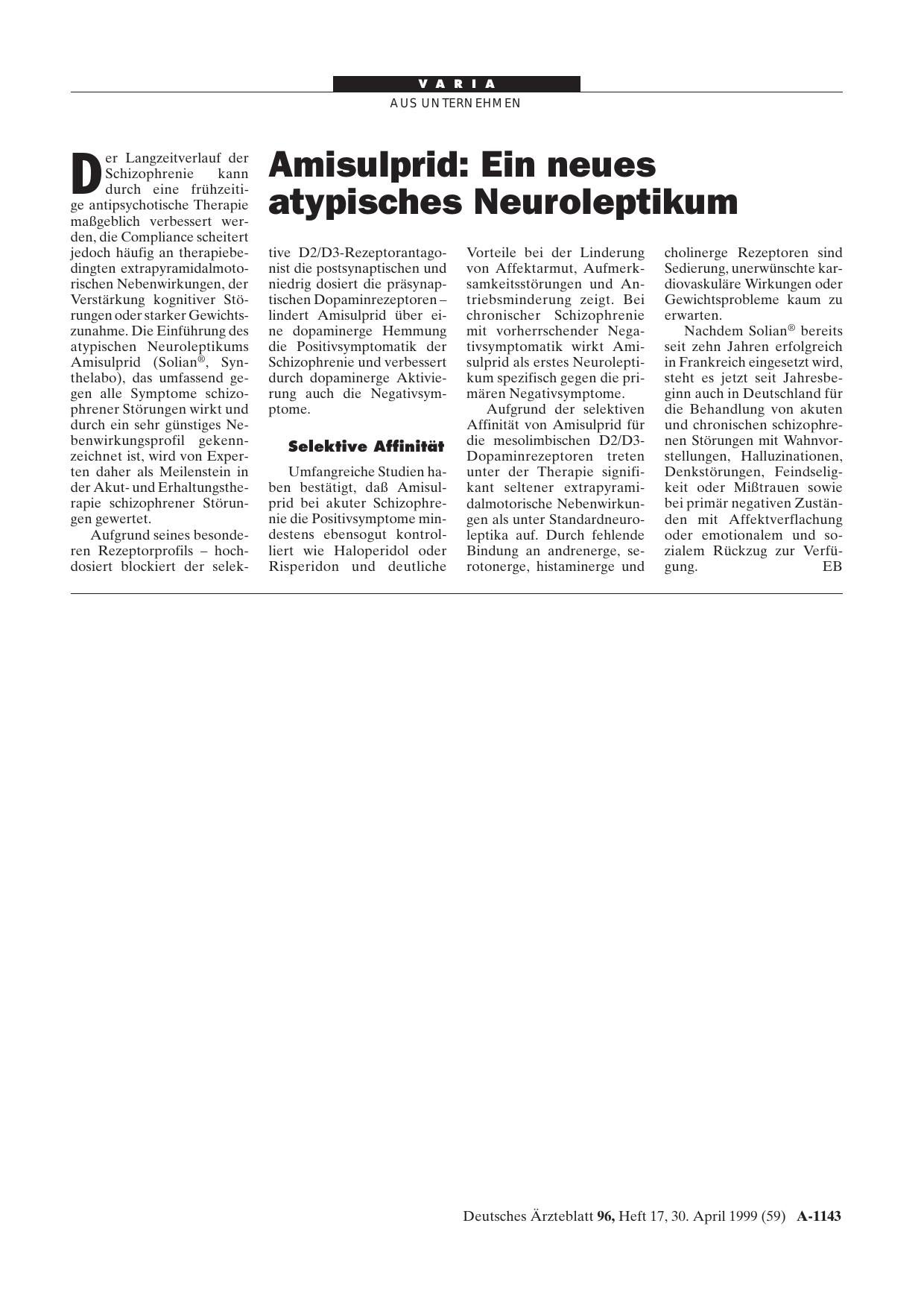 Vorschauseite 1: Amisulprid: Ein neues atypisches Neuroleptikum