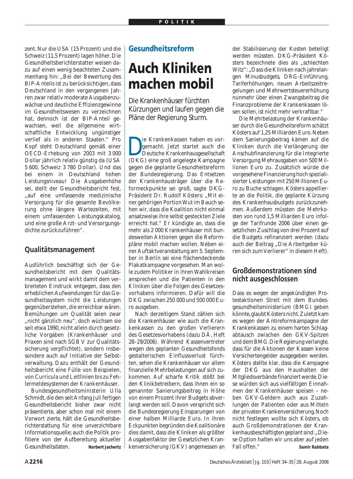 Vorschauseite 1: Gesundheitsreform: Auch Kliniken machen mobil