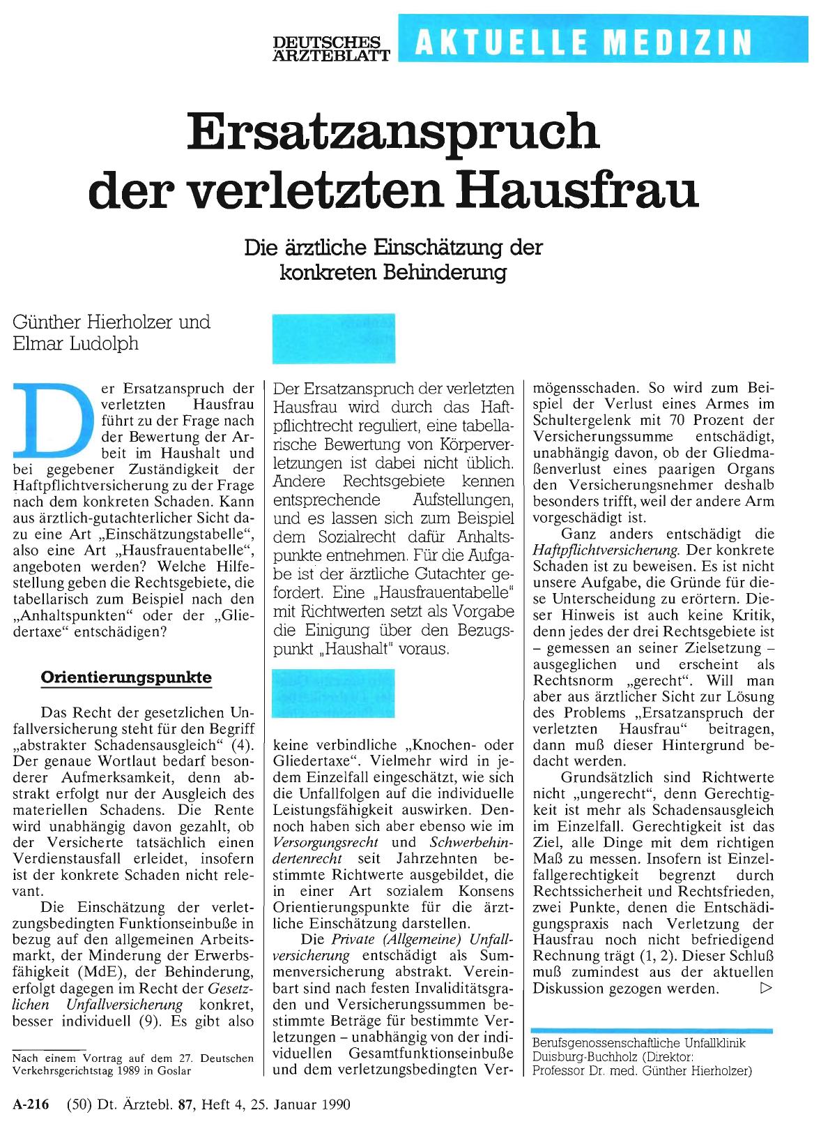 Vorschauseite 1: Ersatzanspruch der verletzten Hausfrau: Die ärztliche Einschätzung der konkreten Behinderung