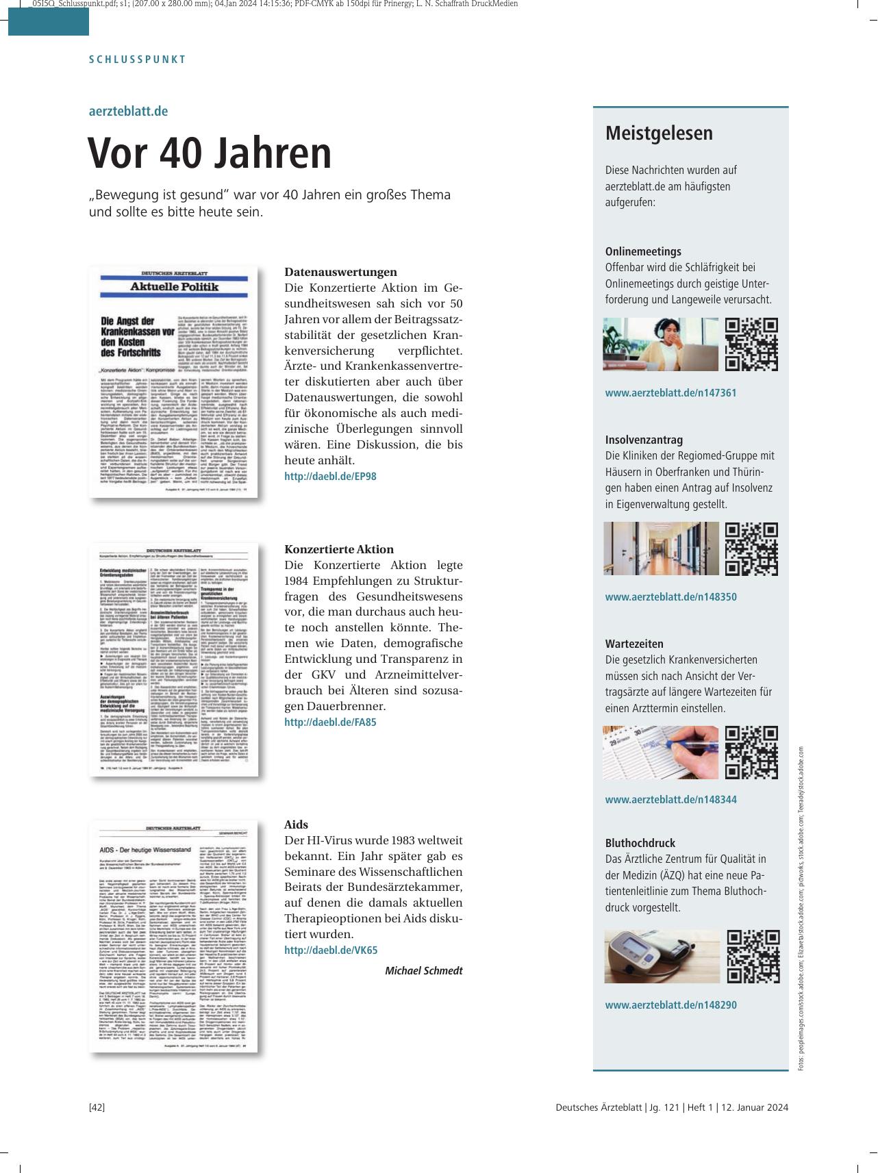Vorschauseite 1: aerzteblatt.de: Vor 40 Jahren