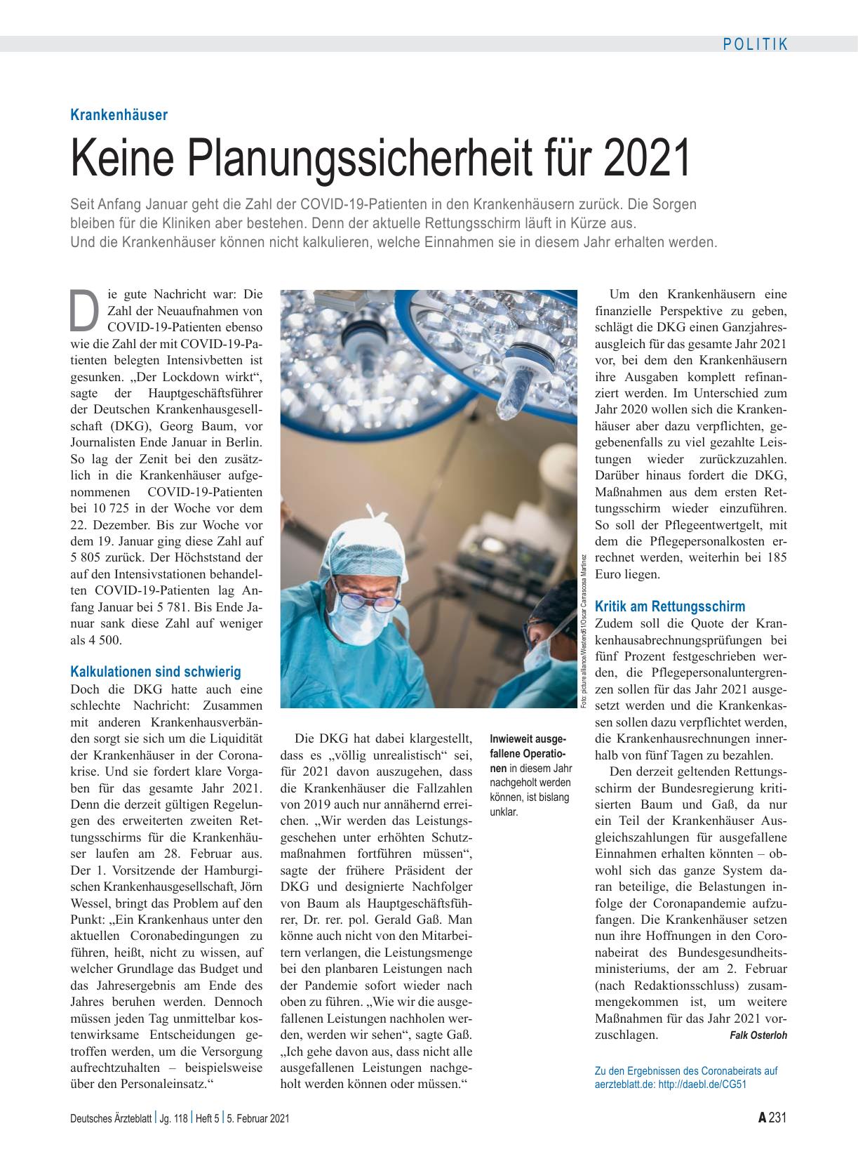 Vorschauseite 1: Krankenhäuser: Keine Planungssicherheit für 2021