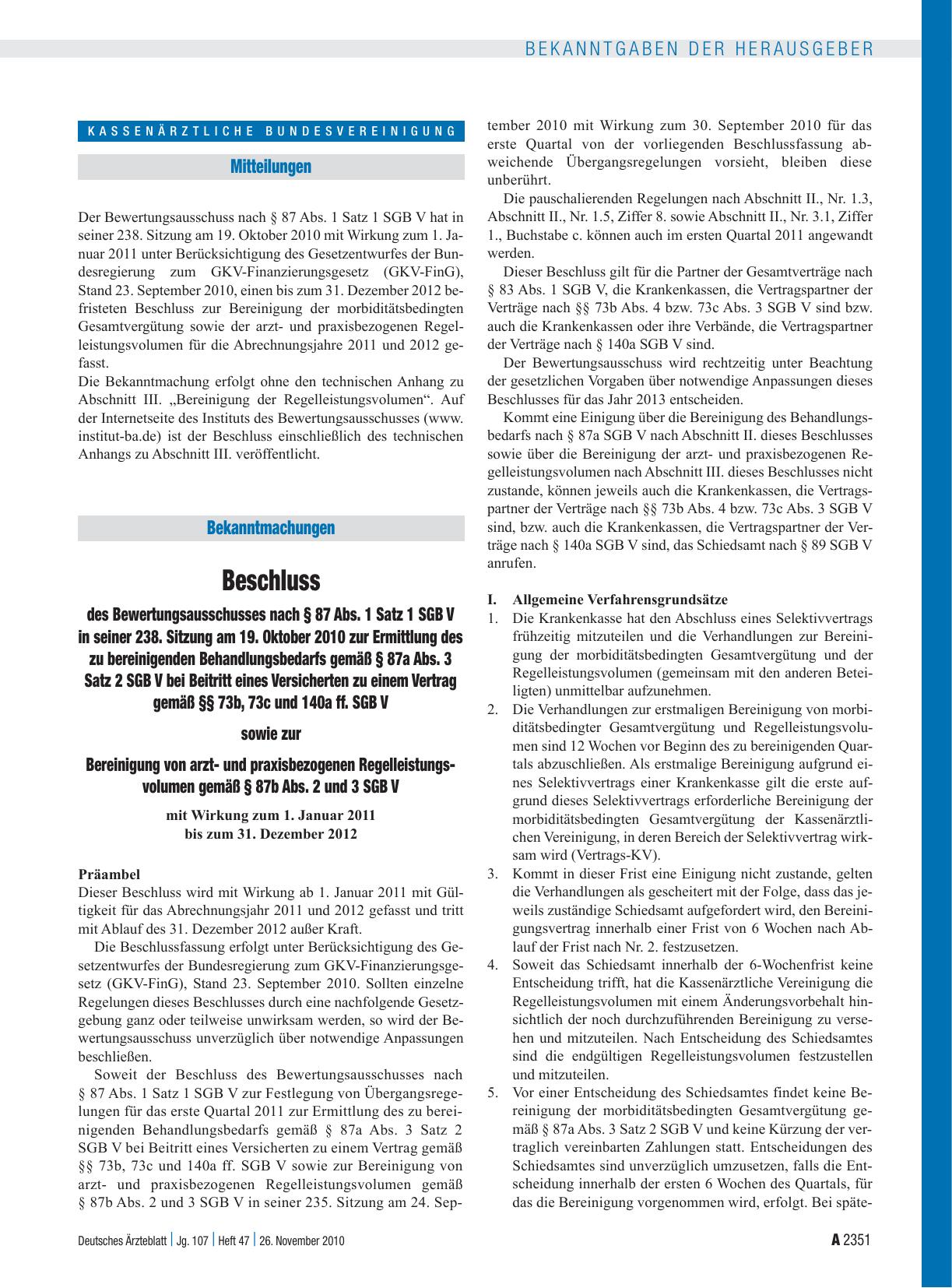 Vorschauseite 1: Beschluss des Bewertungsausschusses nach § 87 Abs. 1 Satz 1 SGB V in seiner 238. Sitzung am 19. Oktober 2010 zur Ermittlung des zu bereinigenden Behandlungsbedarfs gemäß § 87a Abs…