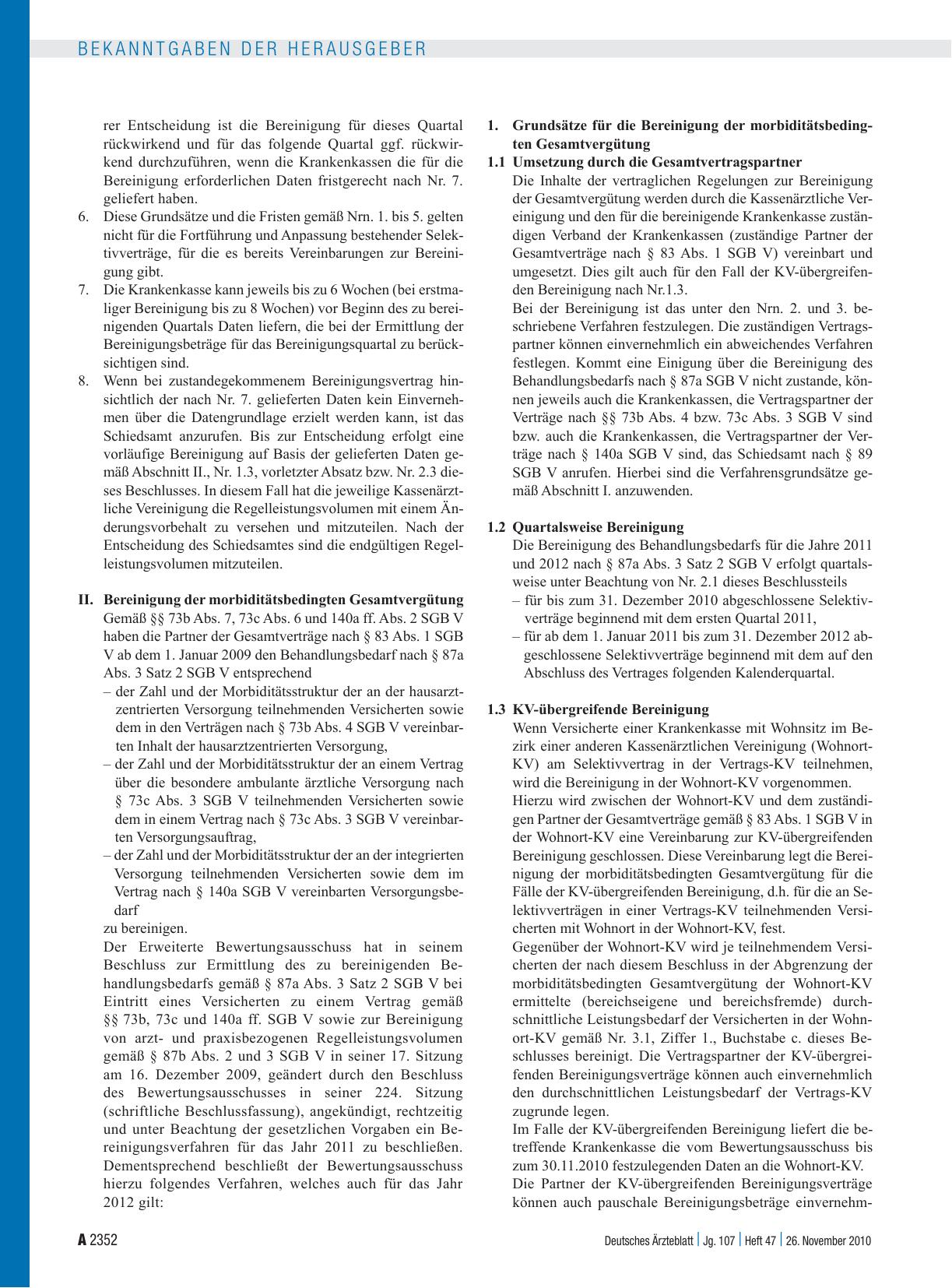 Vorschauseite 2: Beschluss des Bewertungsausschusses nach § 87 Abs. 1 Satz 1 SGB V in seiner 238. Sitzung am 19. Oktober 2010 zur Ermittlung des zu bereinigenden Behandlungsbedarfs gemäß § 87a Abs…