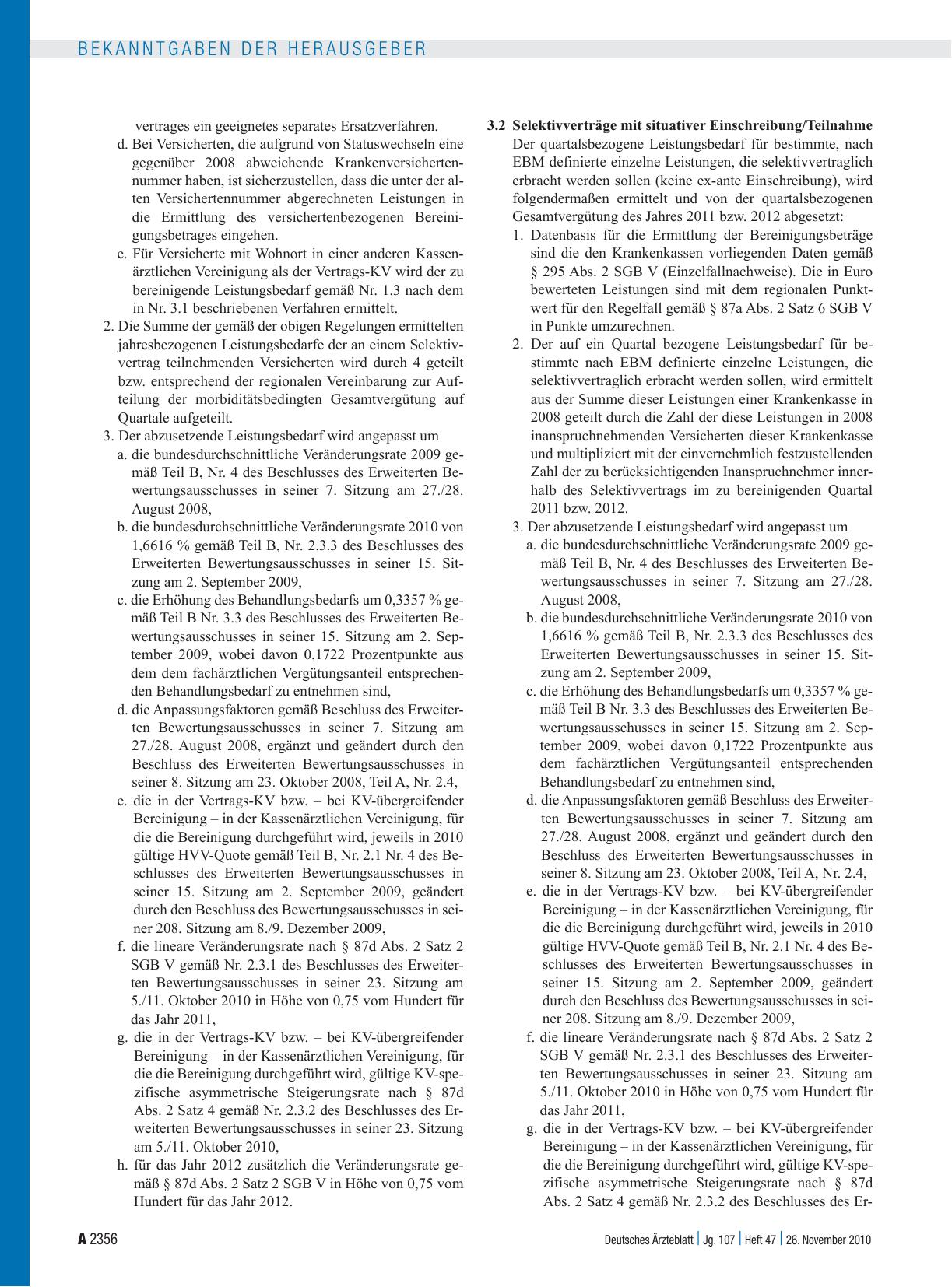 Vorschauseite 6: Beschluss des Bewertungsausschusses nach § 87 Abs. 1 Satz 1 SGB V in seiner 238. Sitzung am 19. Oktober 2010 zur Ermittlung des zu bereinigenden Behandlungsbedarfs gemäß § 87a Abs…