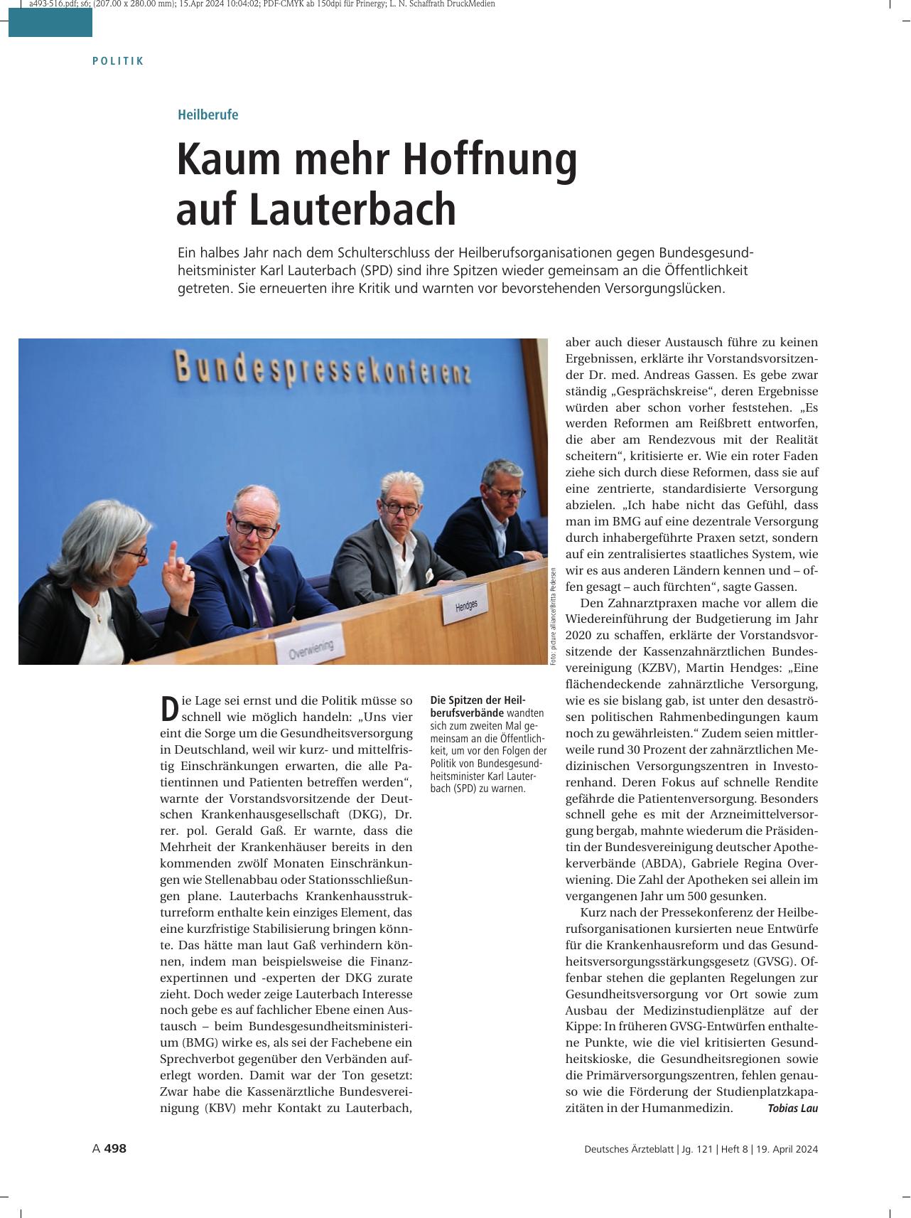 Vorschauseite 1: Heilberufe: Kaum mehr Hoffnung auf Lauterbach