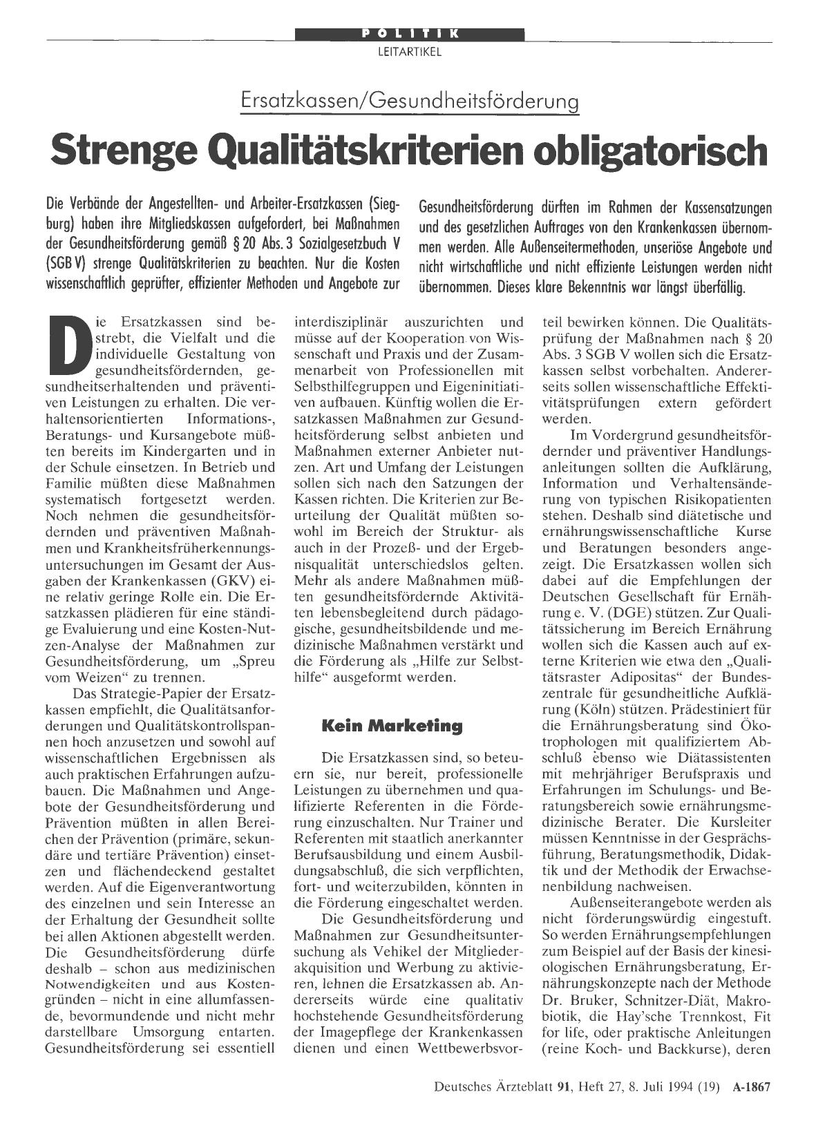 Vorschauseite 1: Ersatzkassen/Gesundheitsförderung: Strenge Qualitätskriterien obligatorisch