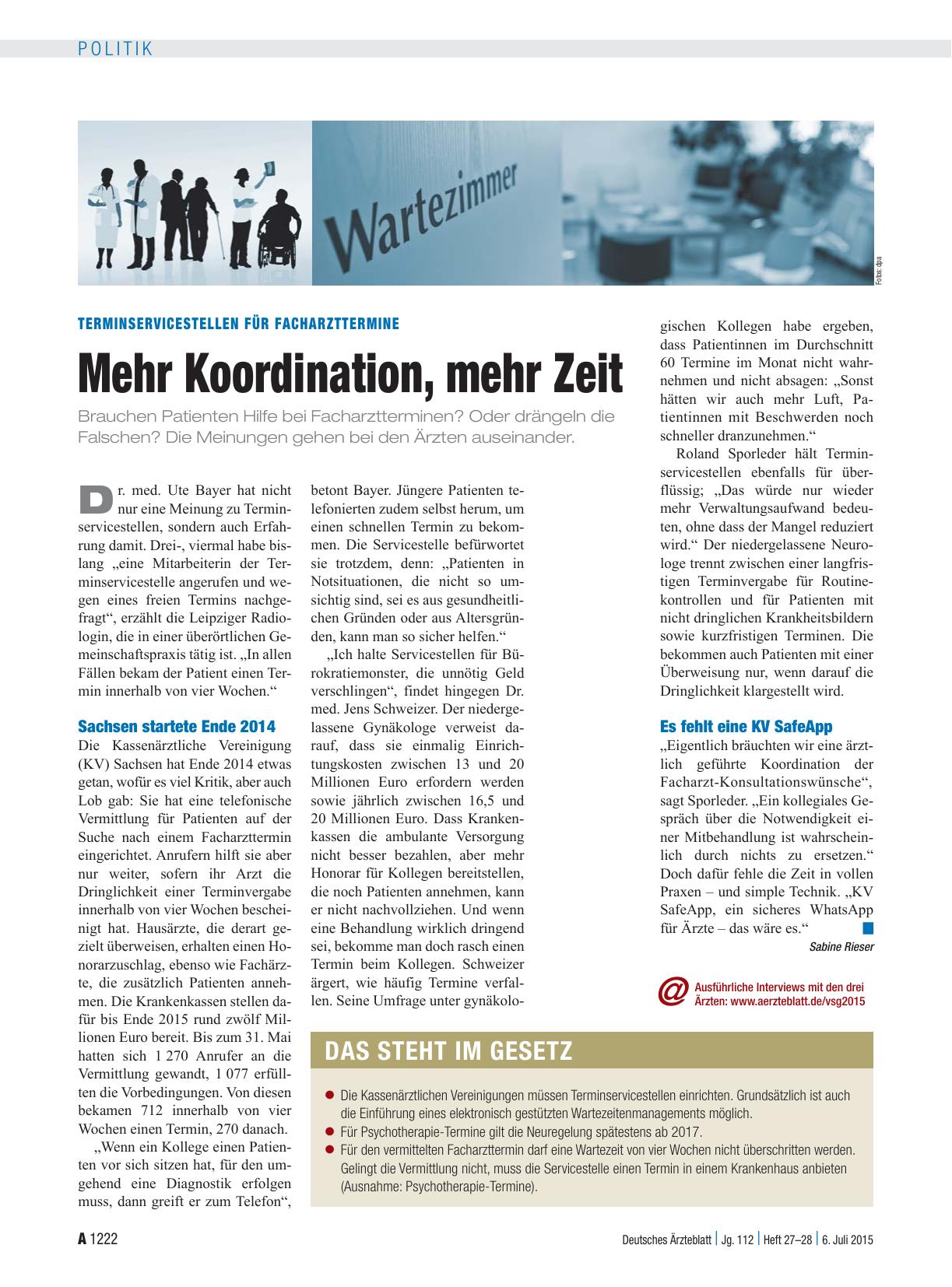Vorschauseite 1: Terminservicestellen für Facharzttermine: Mehr Koordination, mehr Zeit