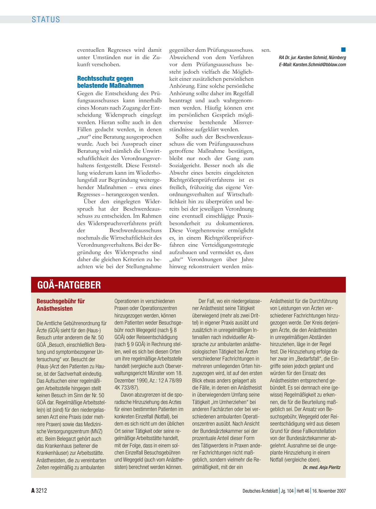 Vorschauseite 1: Besuchsgebühr für Anästhesisten