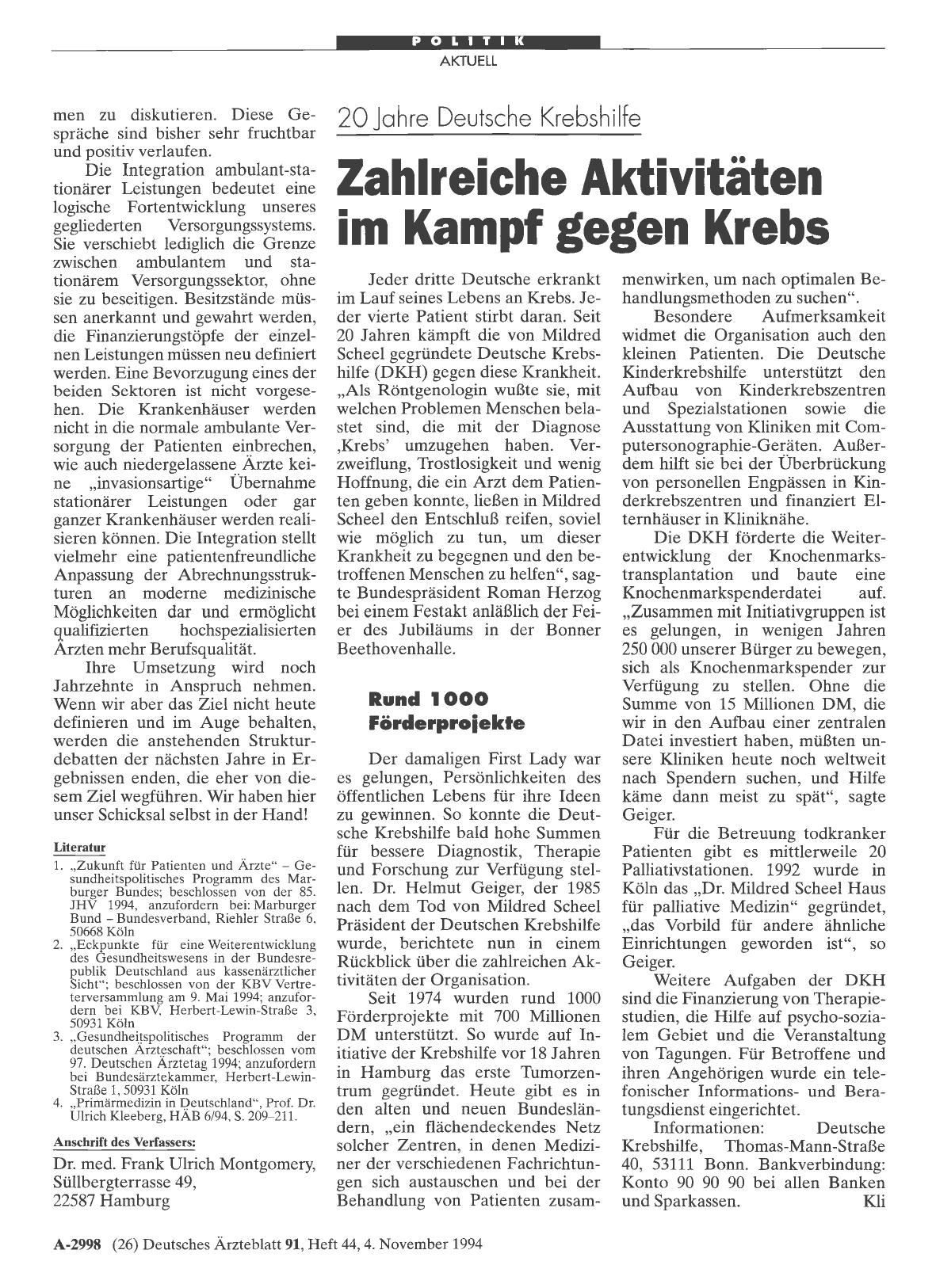 Vorschauseite 1: 20 Jahre Deutsche Krebshilfe: Zahlreiche Aktivitäten im Kampf gegen Krebs