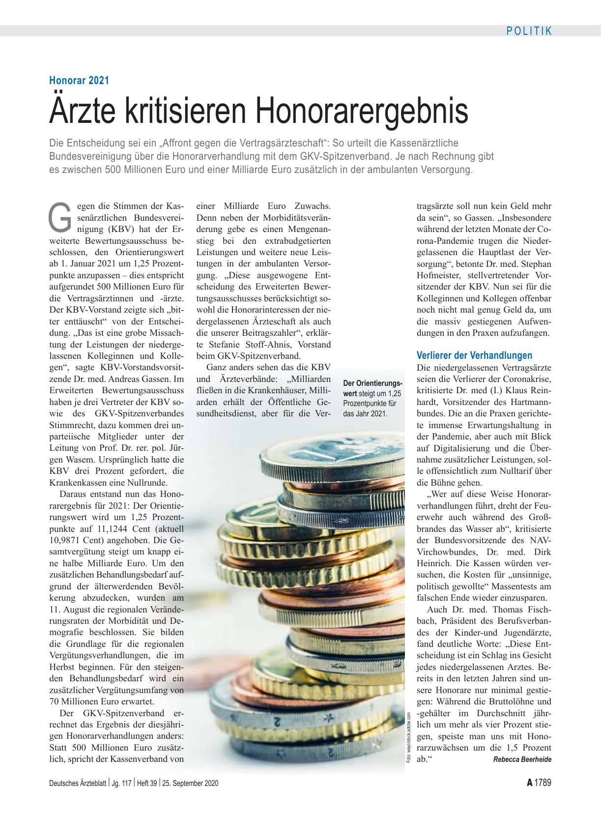 Vorschauseite 1: Honorar 2021: Ärzte kritisieren Honorarergebnis