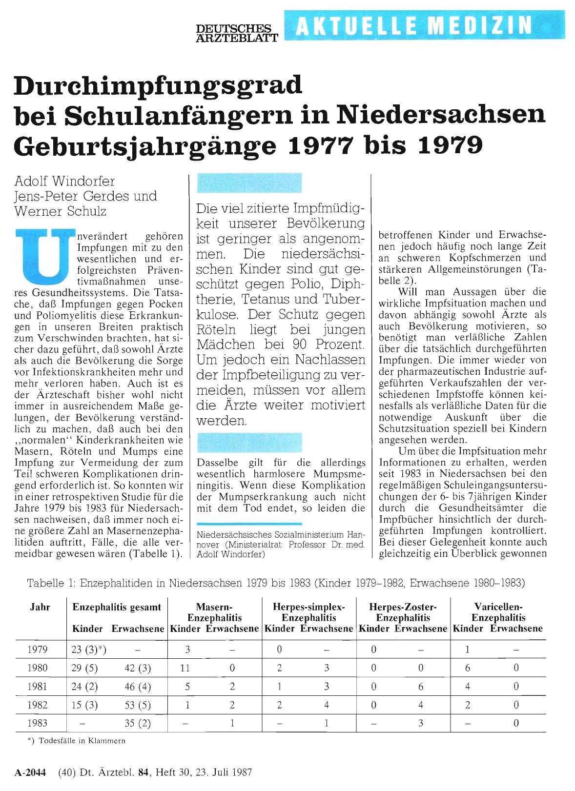 Vorschauseite 1: Durchimpfungsgrad bei Schulanfängern in Niedersachsen Geburtsjahrgänge 1977 bis 1979