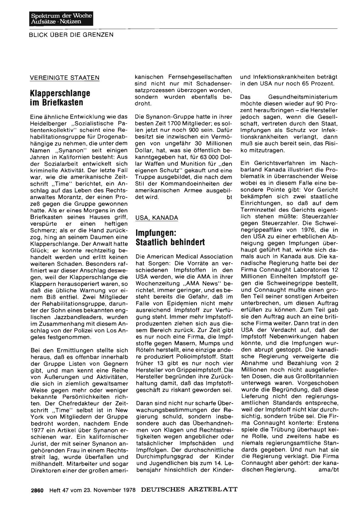 Vorschauseite 1: USA, KANADA: Impfungen: Staatlich behindert