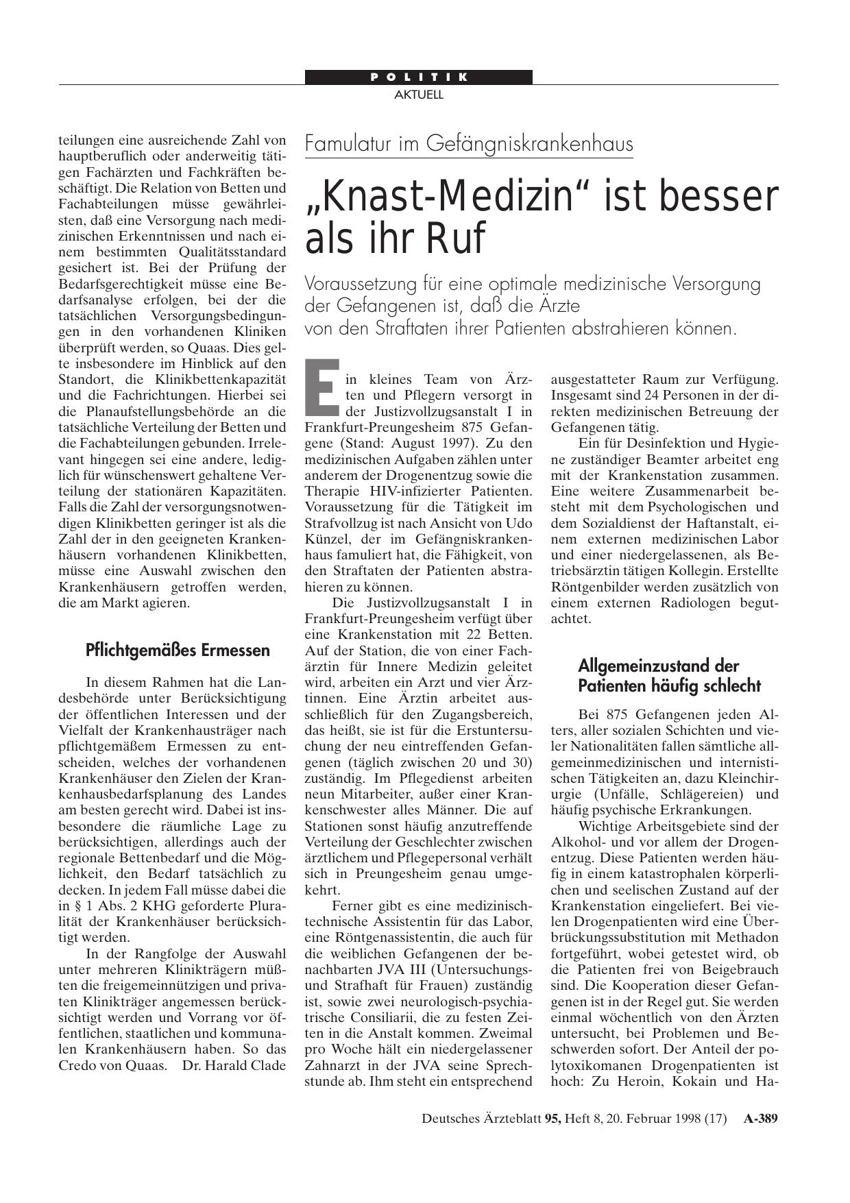 Vorschauseite 1: Famulatur im Gefängniskrankenhaus: „Knast-Medizin“ ist besser als ihr Ruf