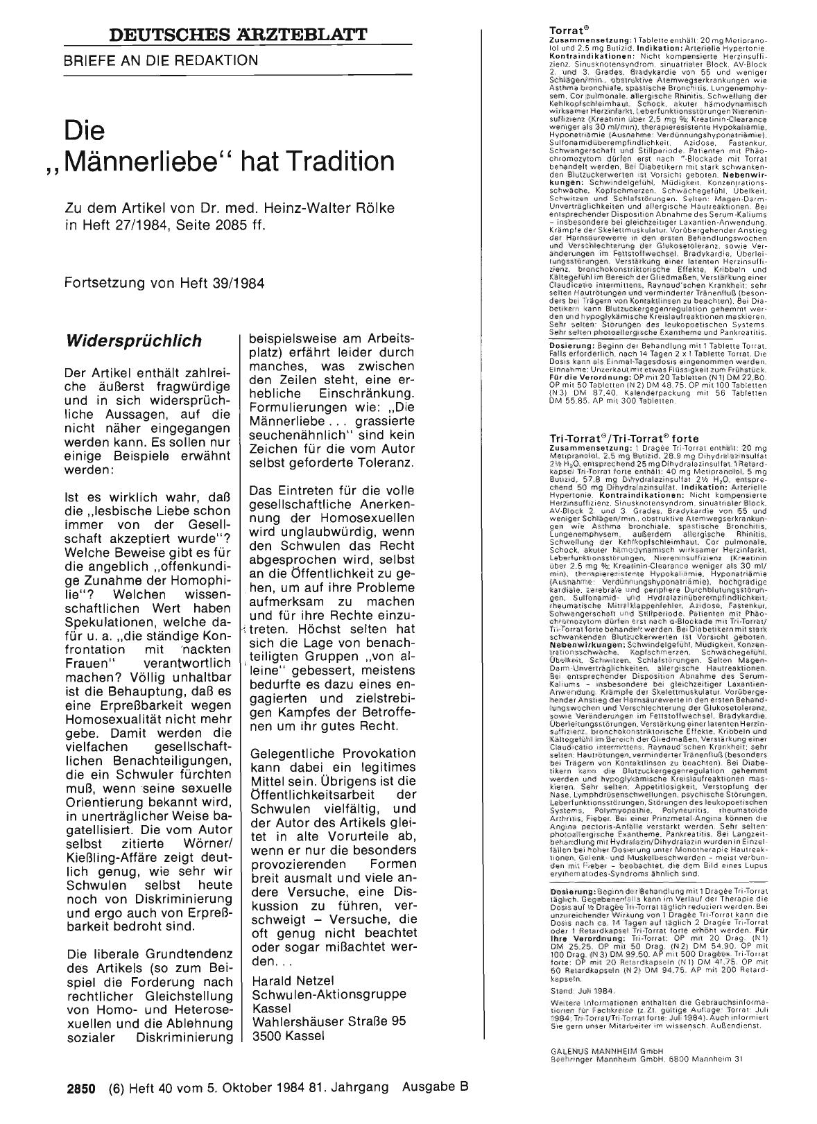 Vorschauseite 1: Die „ Männerliebe“ hat Tradition: Widersprüchlich